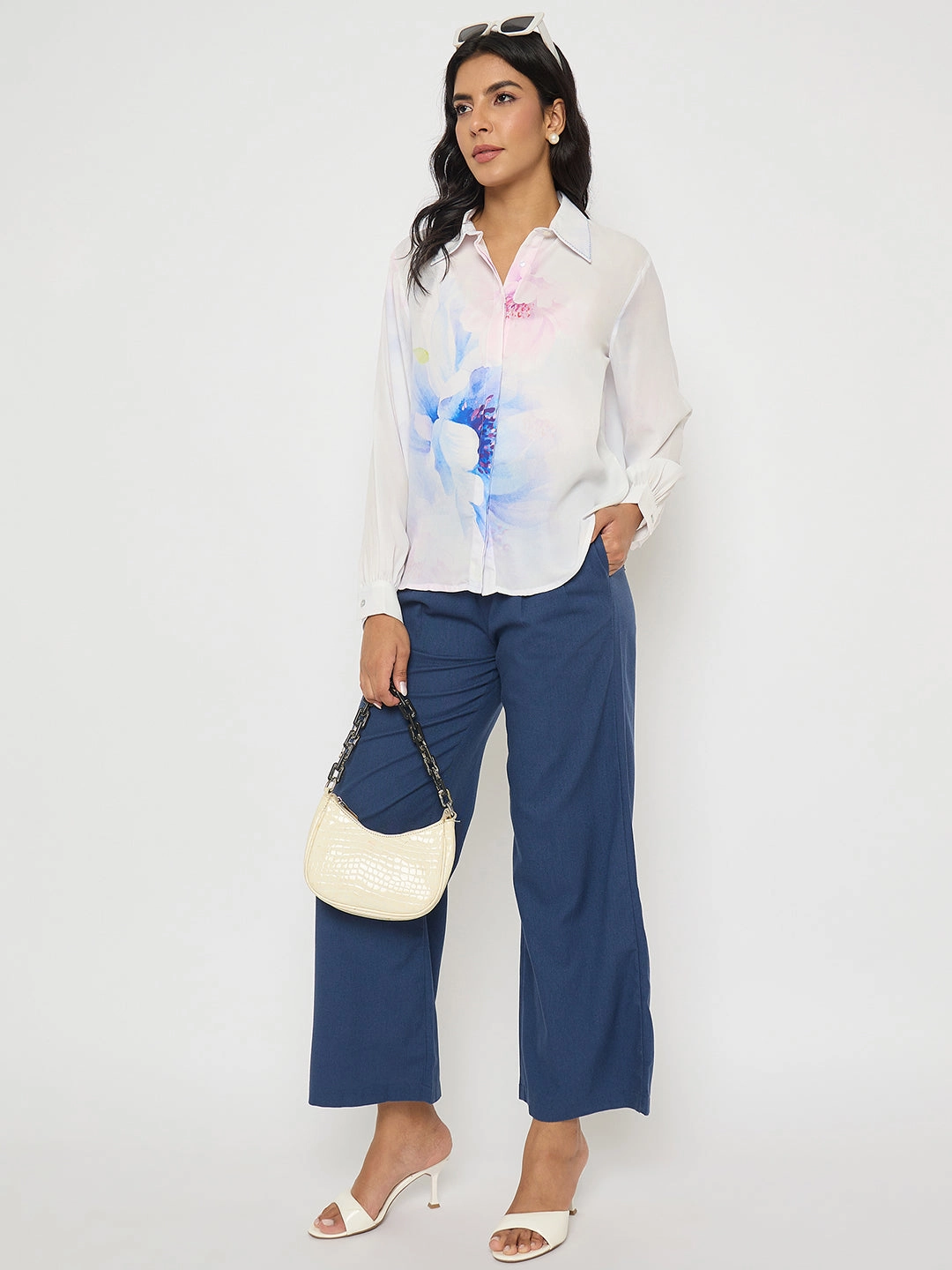 Madame Solid Navy Blue Rayon Blend Gurkha Trousers Structured Hemline Sport Ready