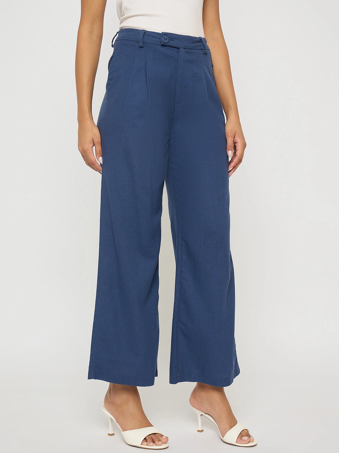 Fitted waist Madame Solid Navy Blue Rayon Blend Gurkha Trousers