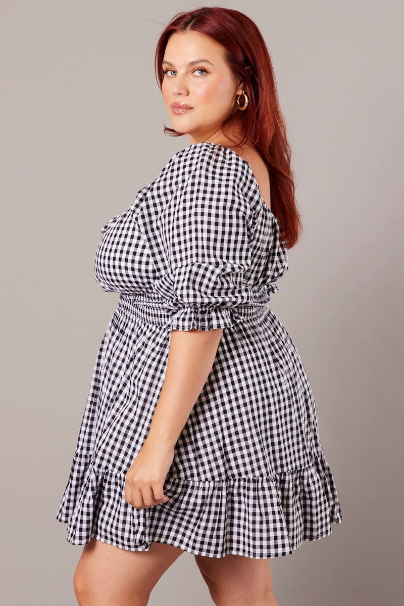 Black Check Mini Dress 3/4 Sleeve Shirred Gingham Soft Neutral