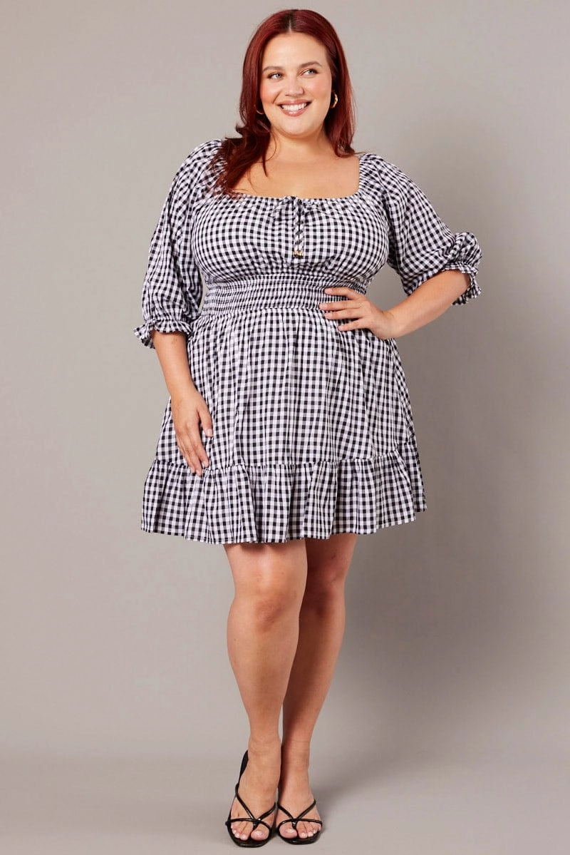 Balanced Texture Casual Waist Black Check Mini Dress 3/4 Sleeve Shirred Gingham