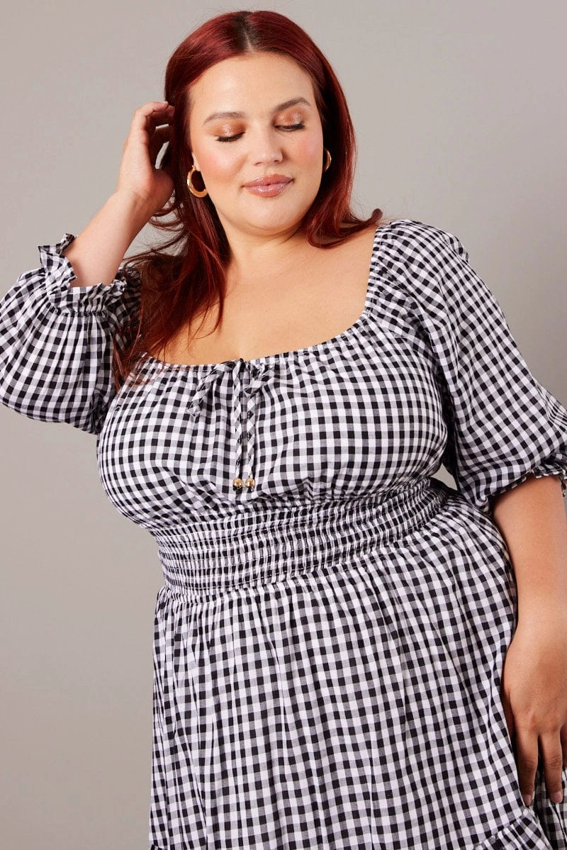 Polished office dress Black Check Mini Dress 3/4 Sleeve Shirred Gingham