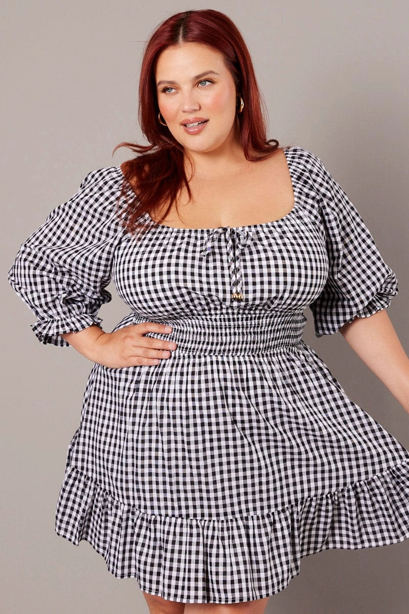 Sleeveless Jewel Accent Black Check Mini Dress 3/4 Sleeve Shirred Gingham