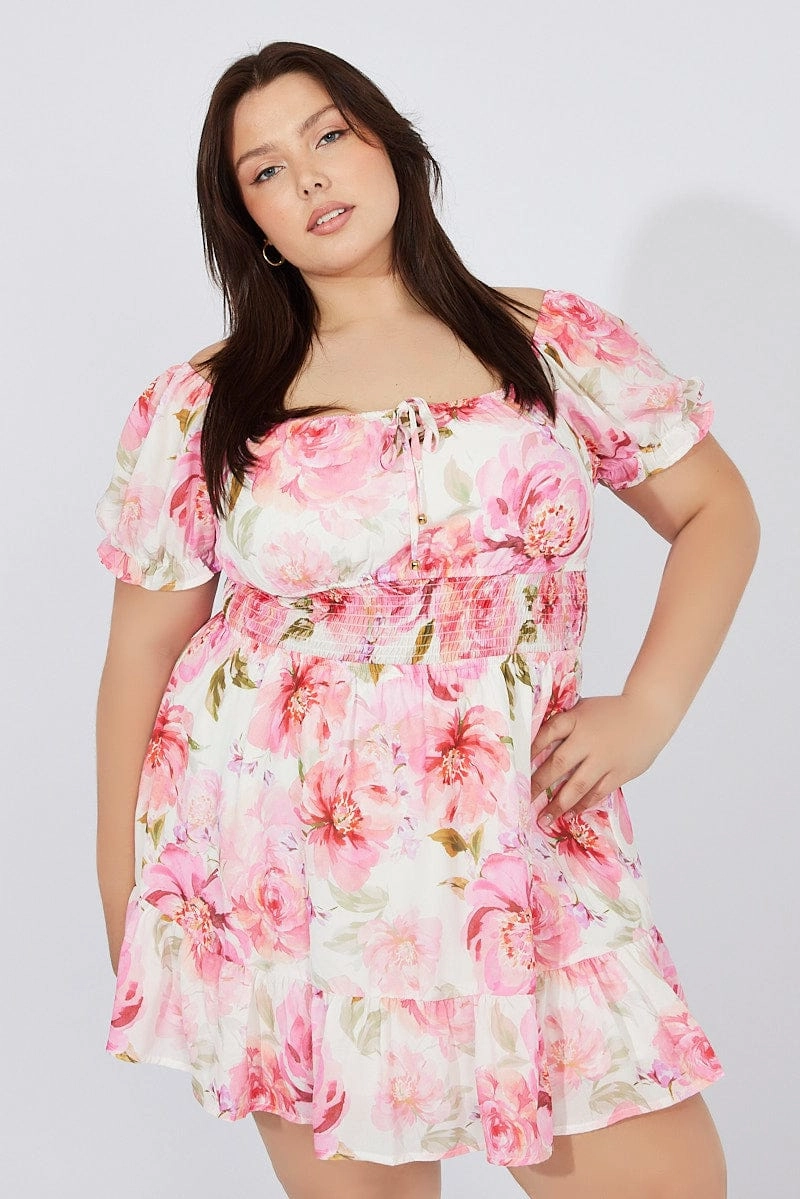 White Floral Fit And Flare Dress Short Sleeve Ruched Bust Effortless Fit Design