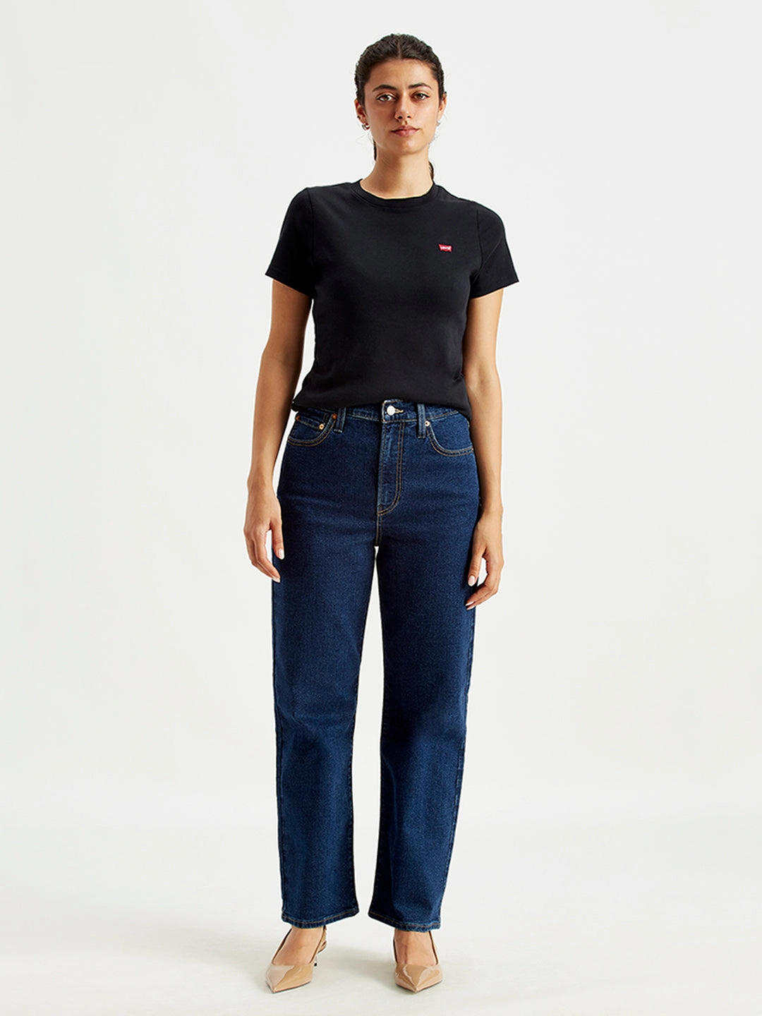 Women's Blue Ribcage Straight Ankle Fit High Rise Jeans Morning Stroll Professional Wear Brunch Outfit All Round Piece