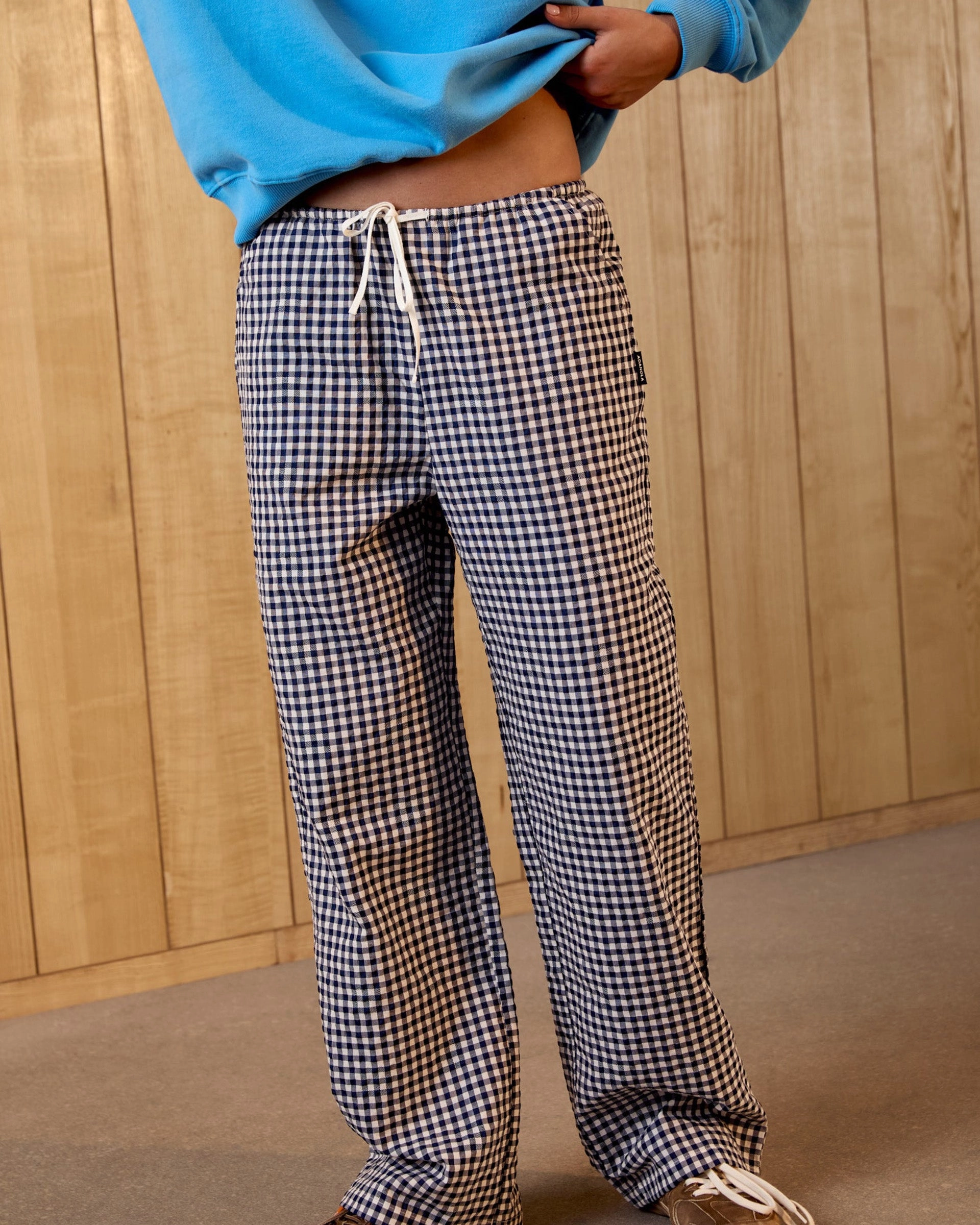 Gingham Drawstring Pants - Navy Blue/White Secure Closures Go Anywhere