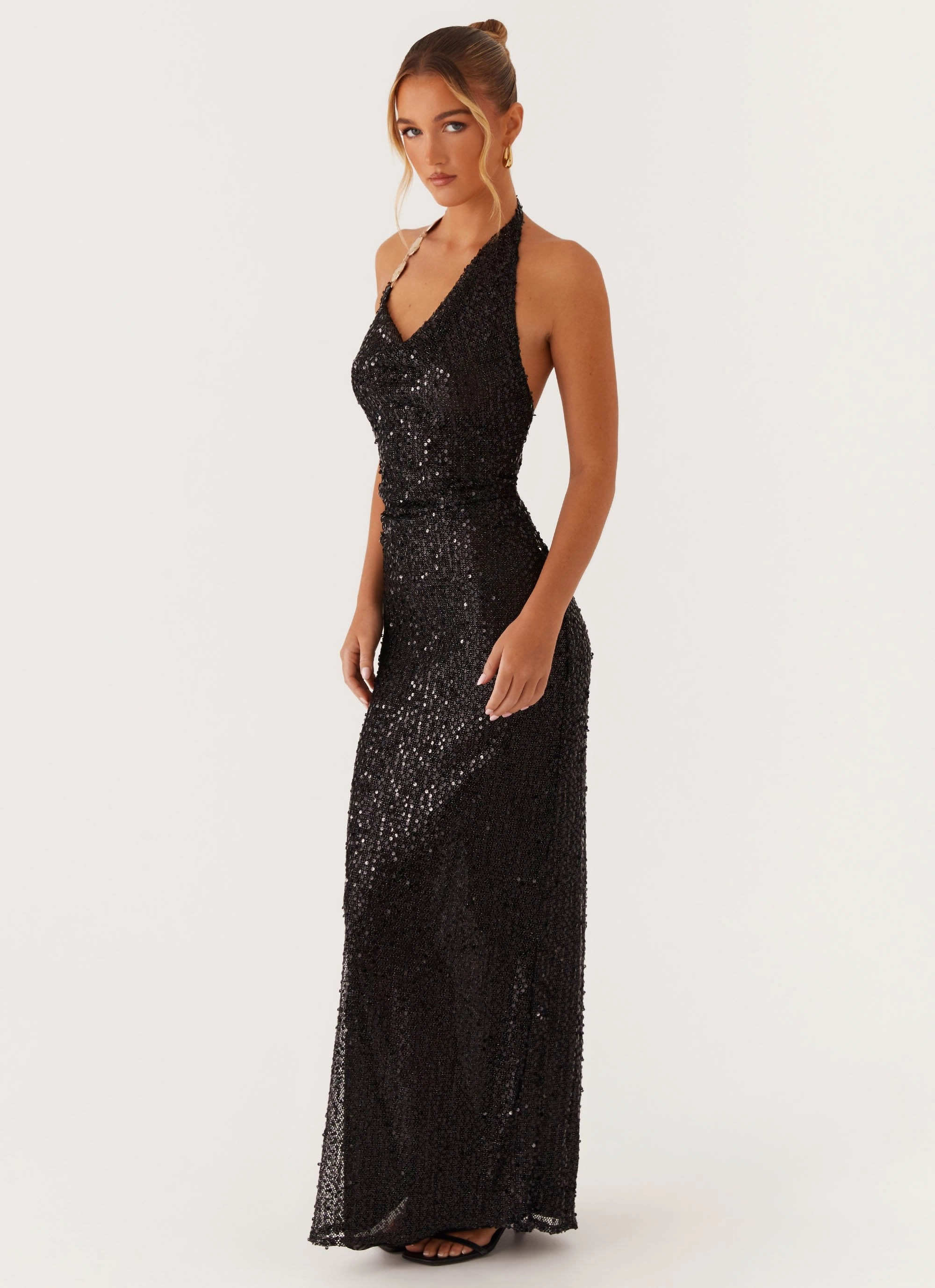 After Tonight Sequin Cowl Neck Maxi Dress - Black Smooth Outline button detail