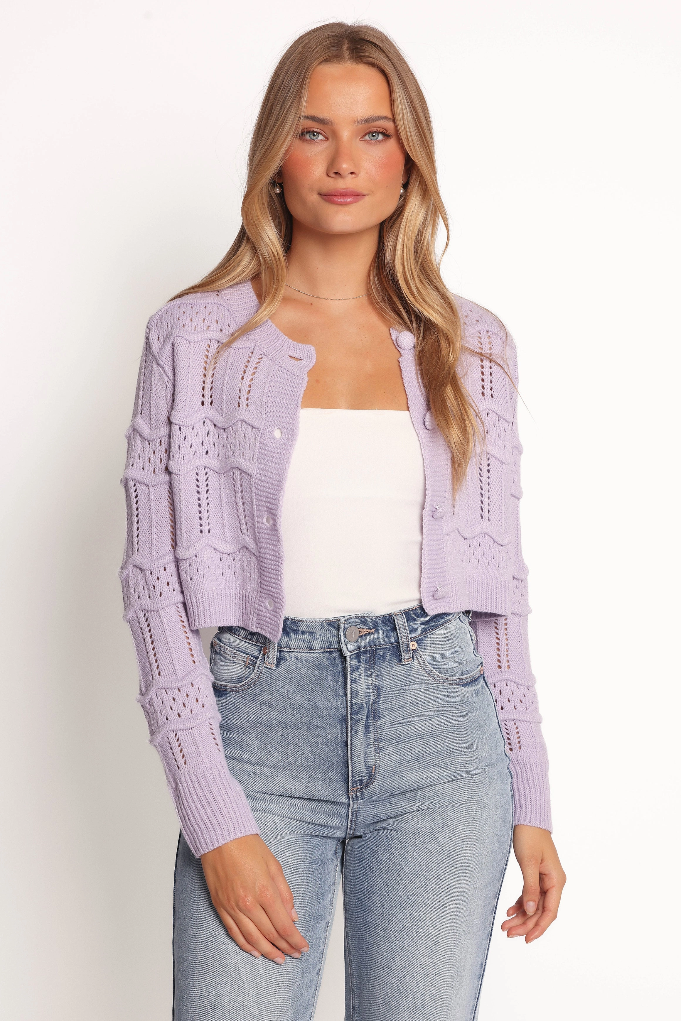 Aidy Crop Button Front Cardigan - Lilac Interlock Knit Structure Yearlong Favorite