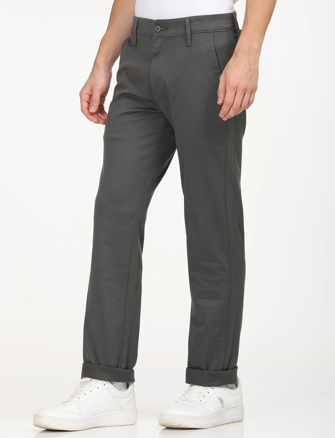 Recycled Polyester Comfy Wearable Men's Charcoal Grey Slim Fit Chinos
