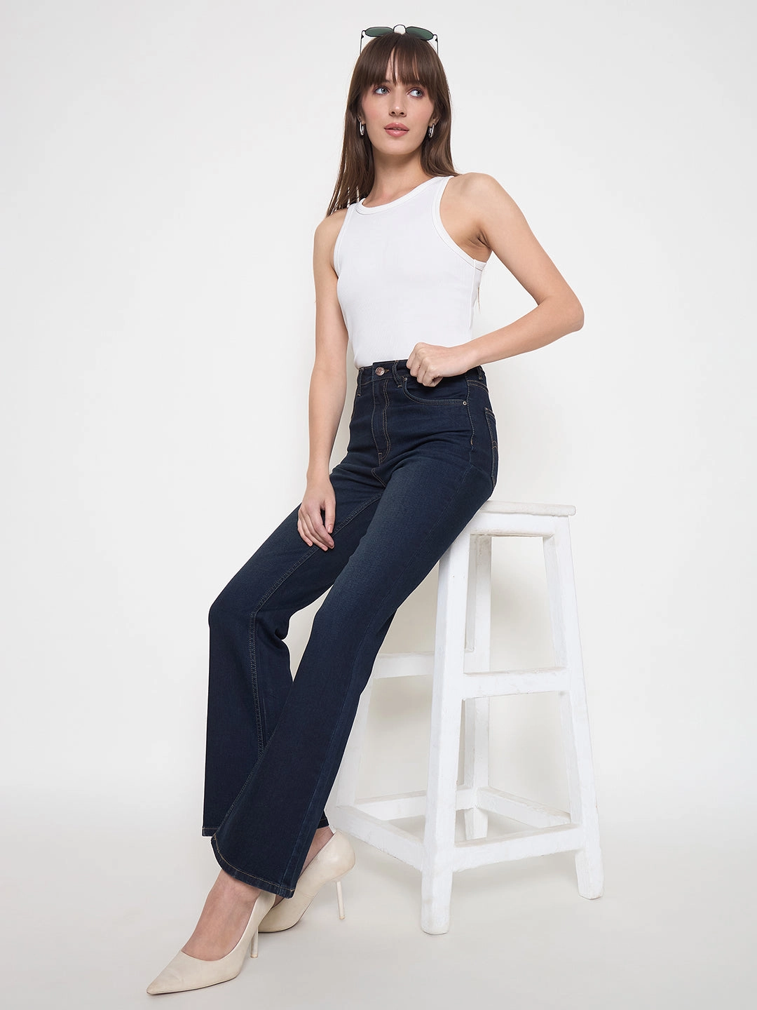 Madame Stone Wash Midnight Blue Flared Jeans Travel Outfit Music Event Anti Static Material Blend