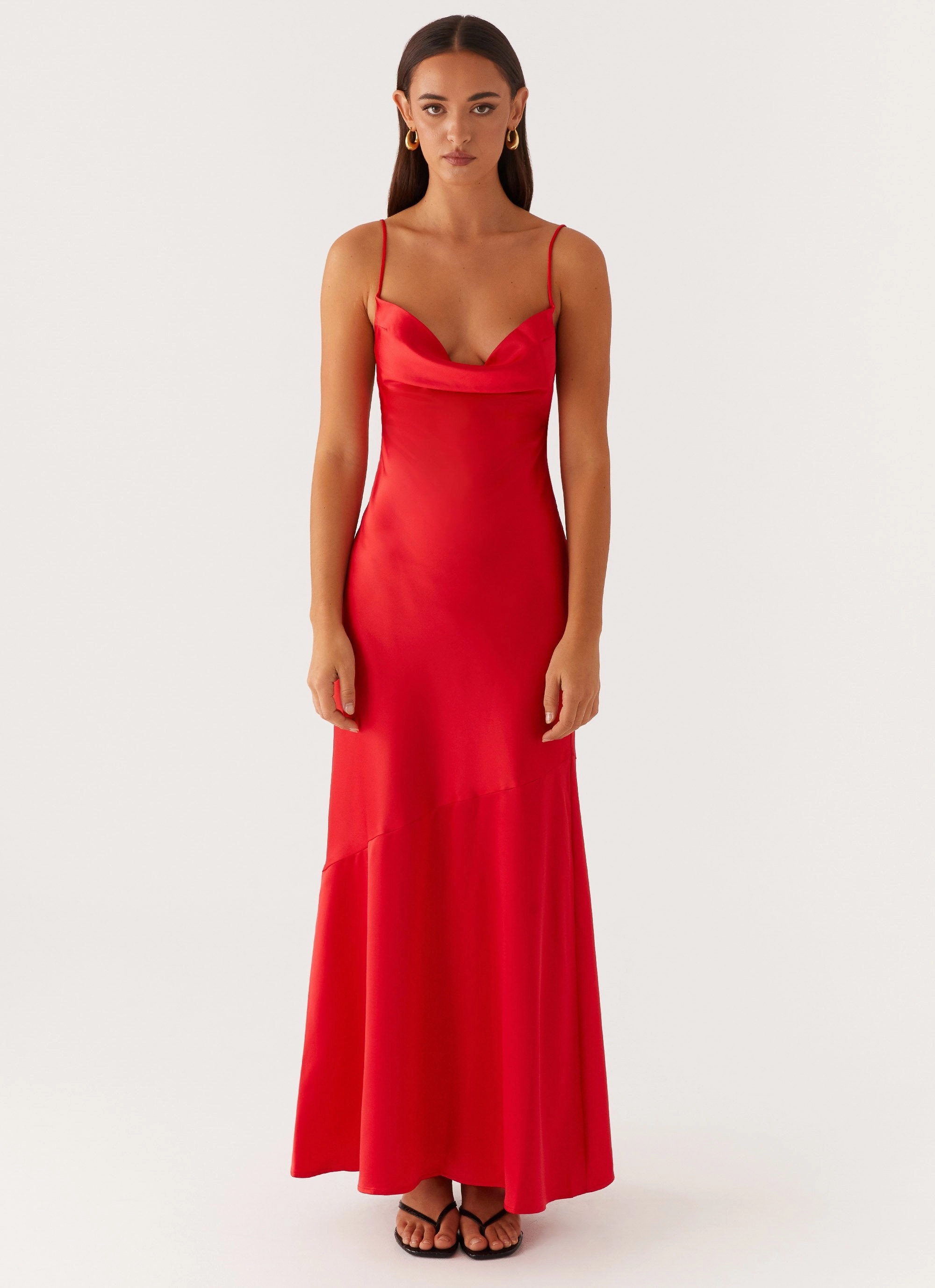 Alianna Cowl Neck Satin Maxi Dress - Red Basic Cool Natural Light
