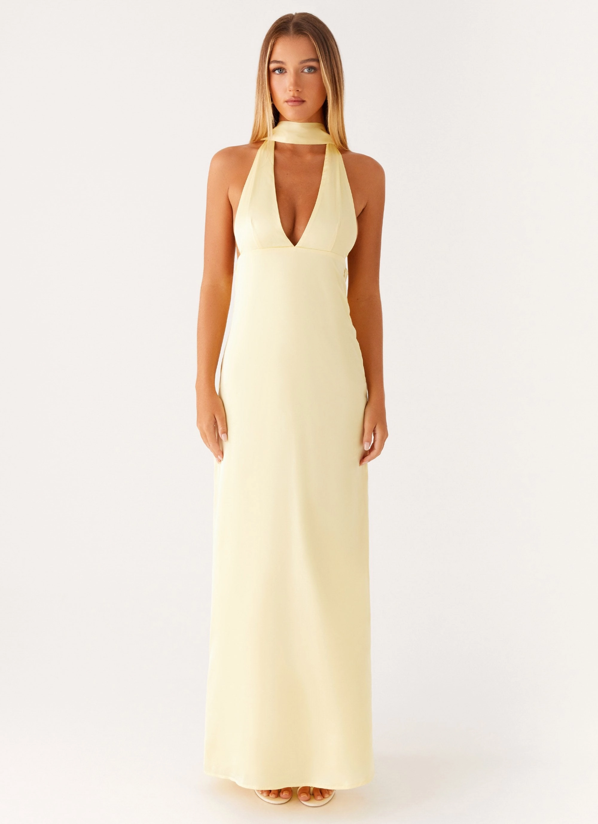Alicia Satin Halter Maxi Dress - Yellow Quiet Sweet