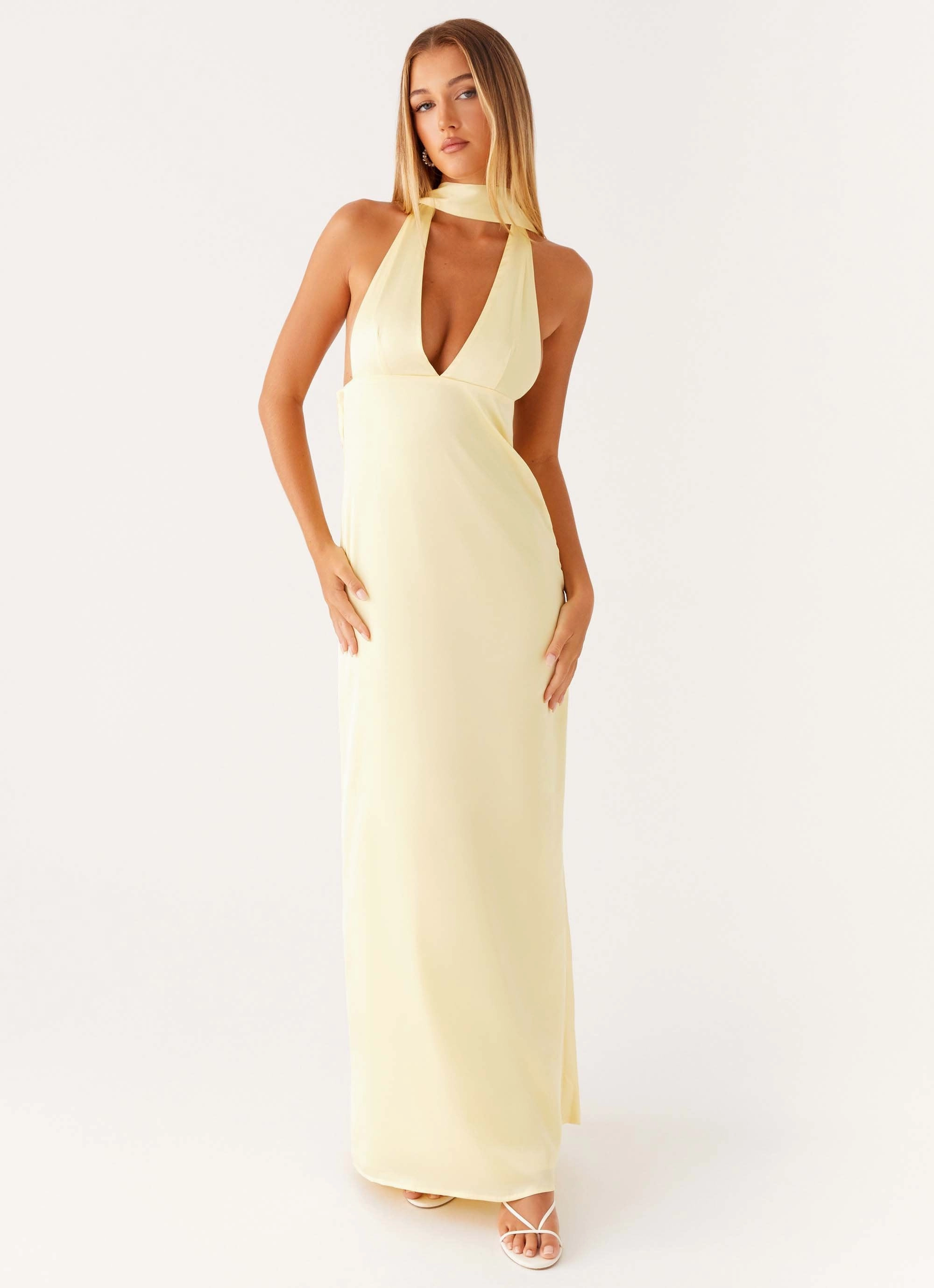 Alicia Satin Halter Maxi Dress - Yellow Relaxed Fit Korean Mood