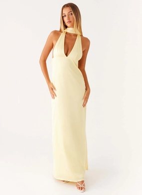 Alicia Satin Halter Maxi Dress - Yellow Relaxed Fit Korean Mood