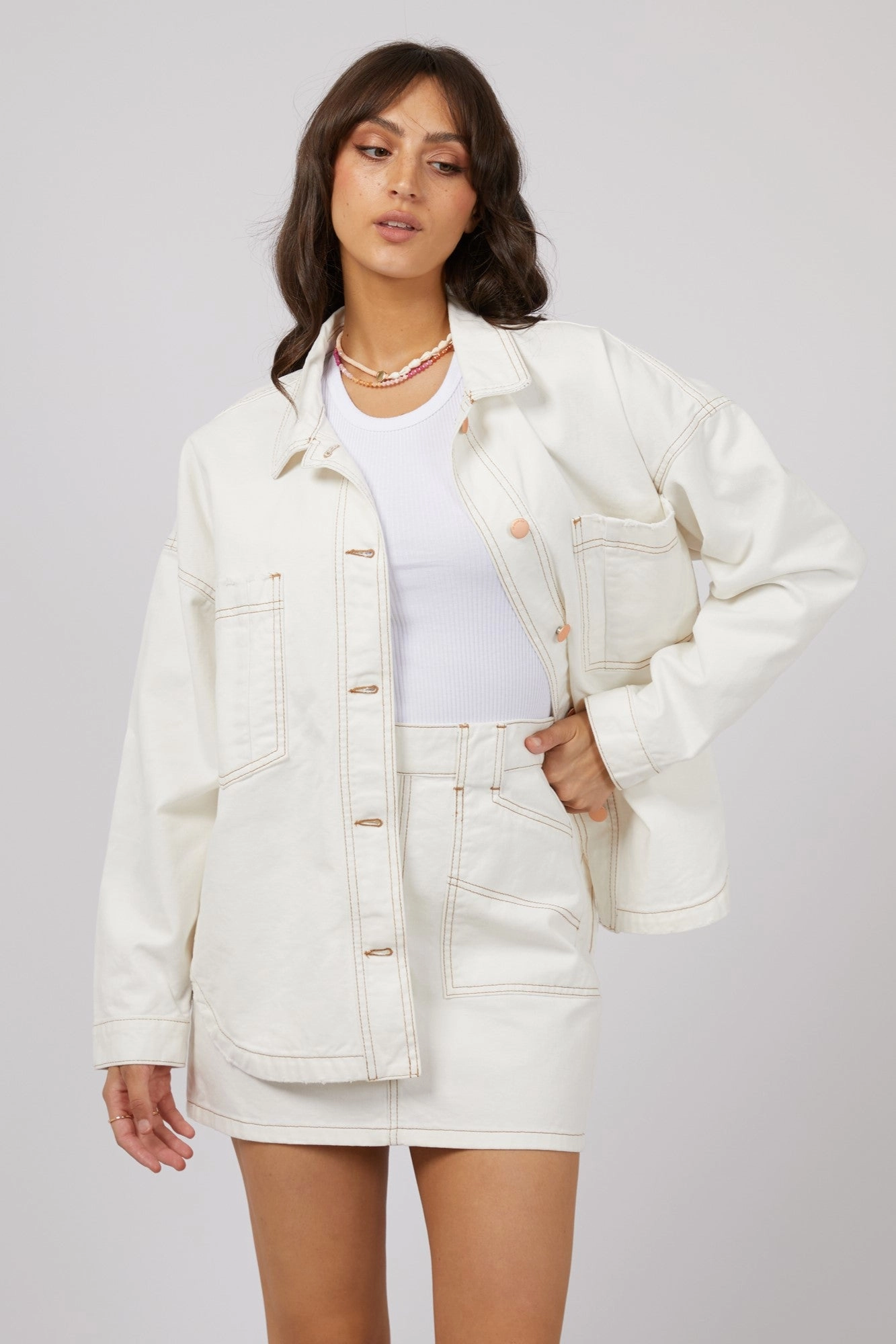 Modern Travel Look Stretchable Cuffs All About Eve Coco Denim Shacket Vintage White