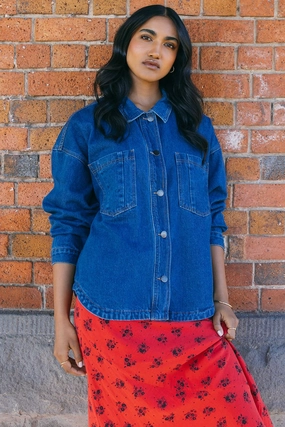 Taped Neckline Layered Insulation All About Eve Dale Shacket Heritage Blue