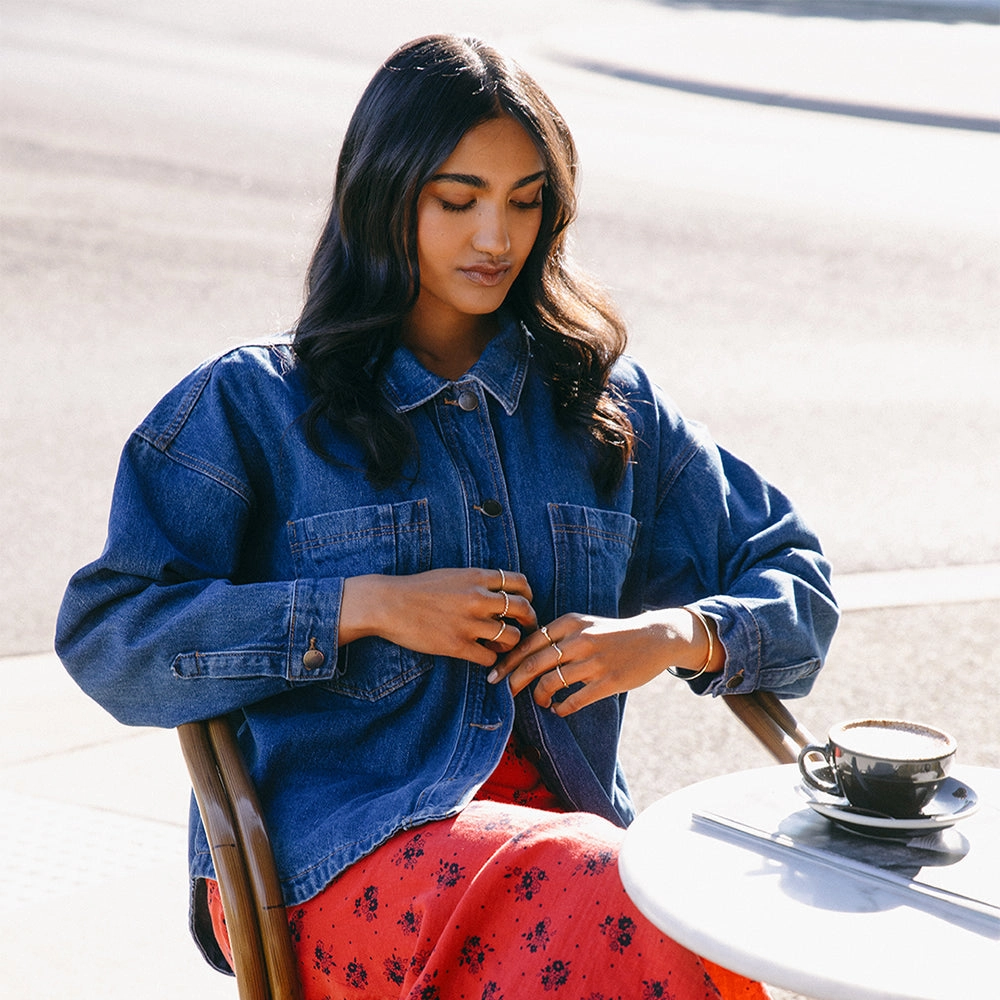 Three Layer Laminate All About Eve Dale Shacket Heritage Blue