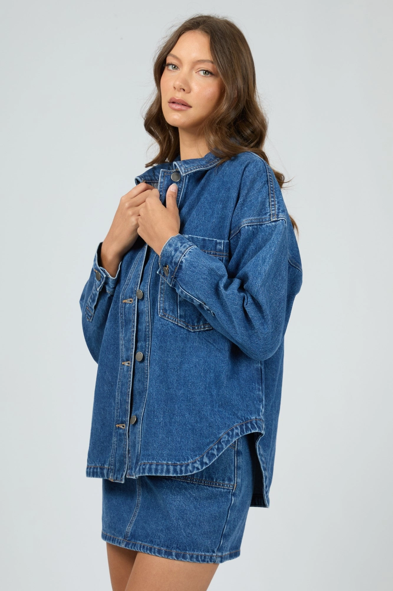 All About Eve Dale Shacket Heritage Blue Layered Hem Design Lightweight Packability