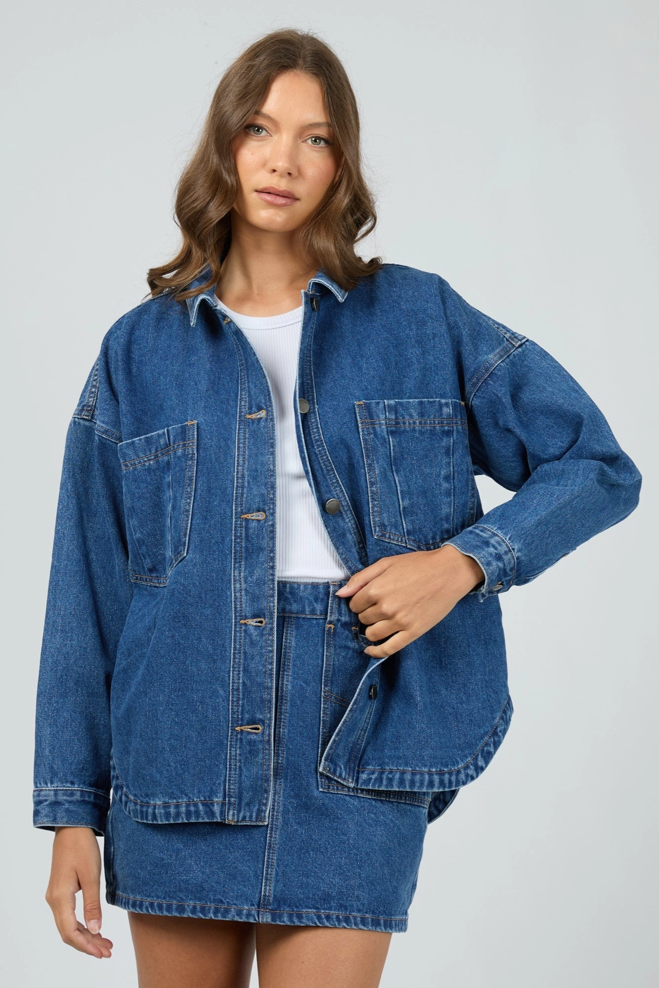 All About Eve Dale Shacket Heritage Blue Anti Static Interior Odor Resistant Tech