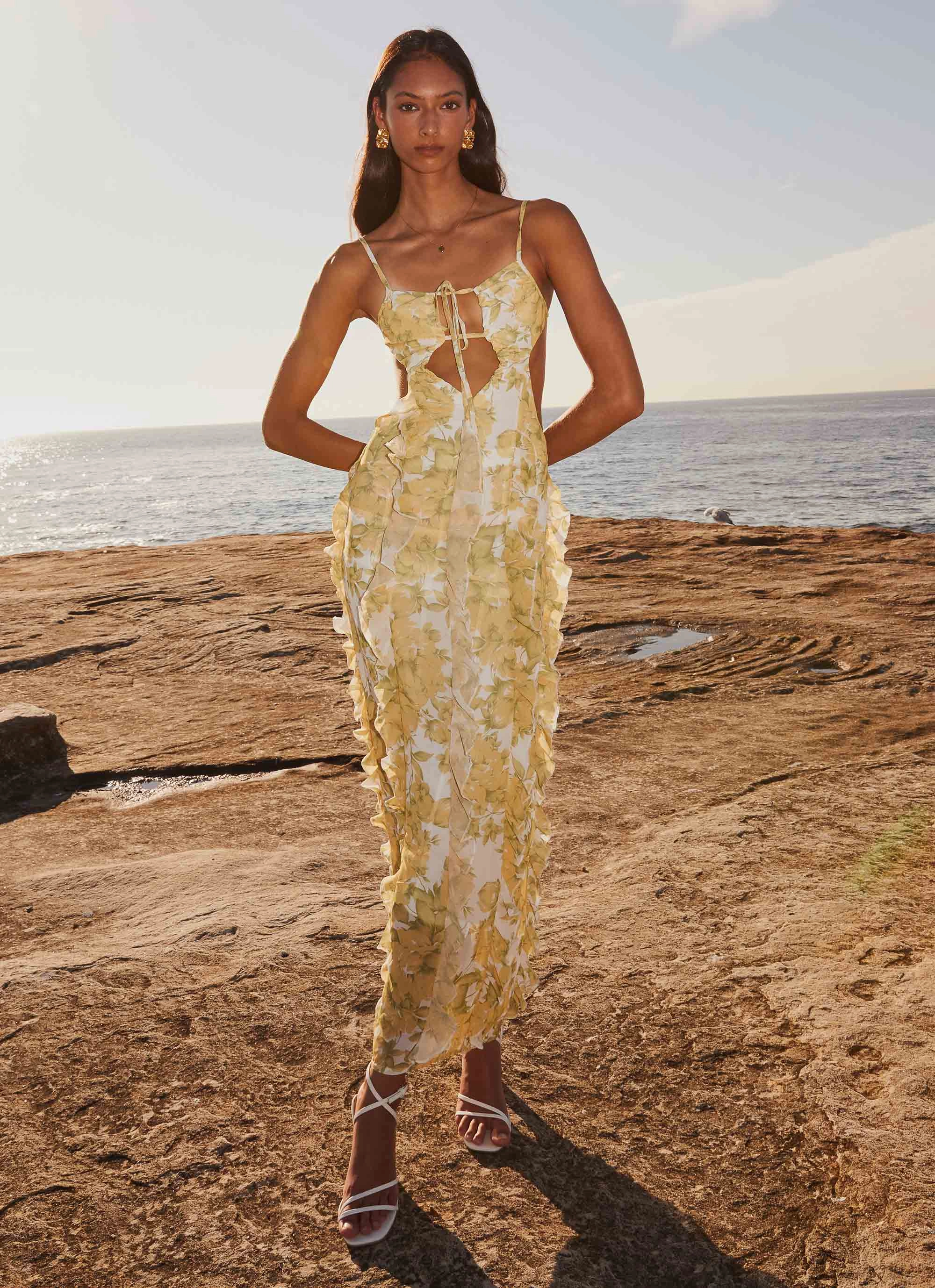 Sunset Kisses Ruffle Maxi Dress - Daffodil Quilted-Lining Young Edge