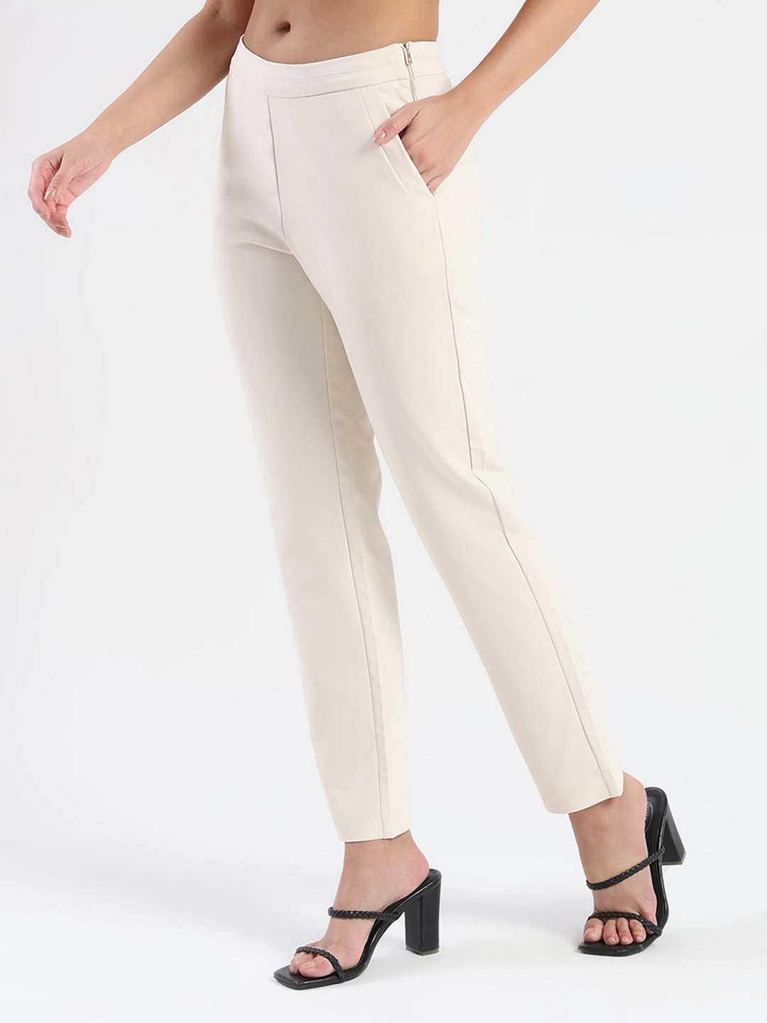 Fashion Forward Madame High-Waist Cotton Blend Ivory Trousers