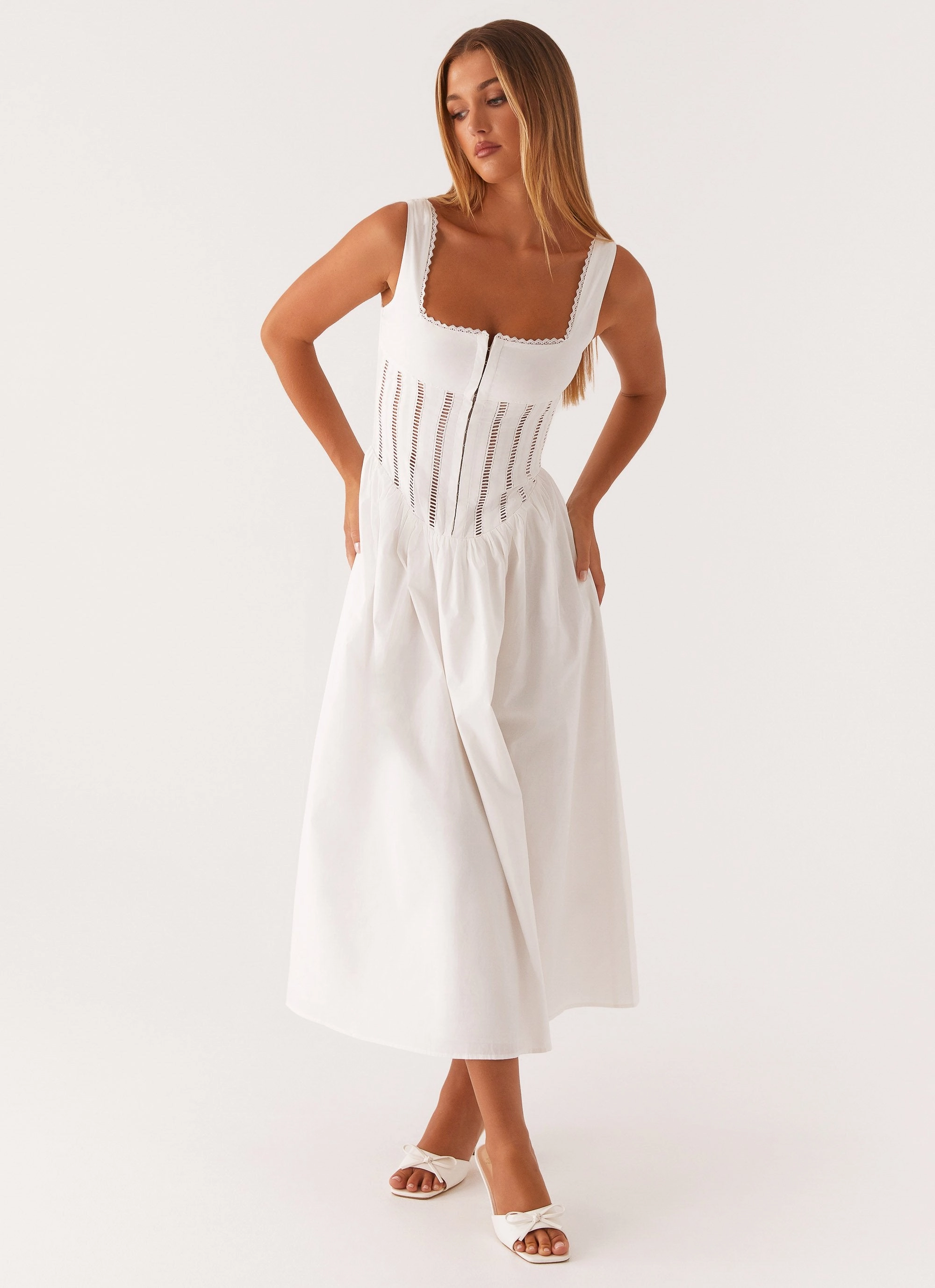 Slit-Hem Basic Warm Waiting On You Midi Dress - White