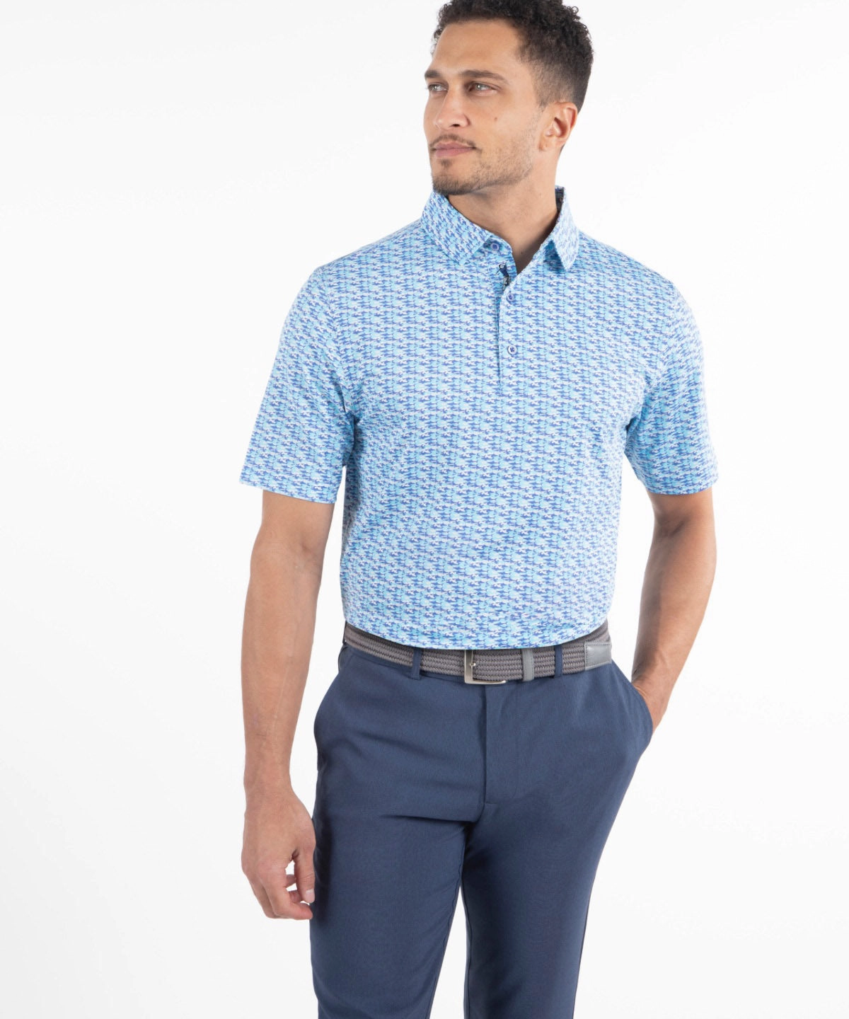 Layered Collar Structure NonRestrictive Shoulder Design Performance Shark Print Polo