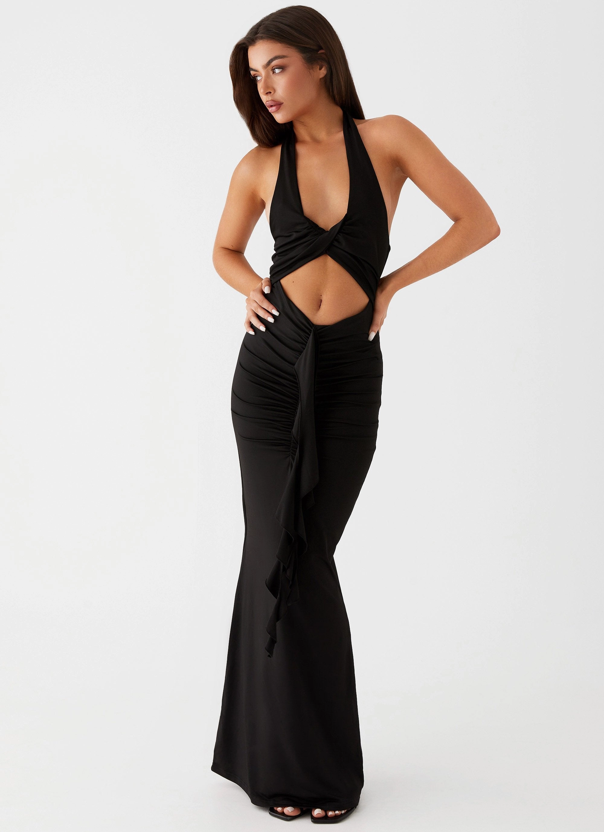 Allanna Frill Maxi Dress - Black Smooth Layering Urban Drape