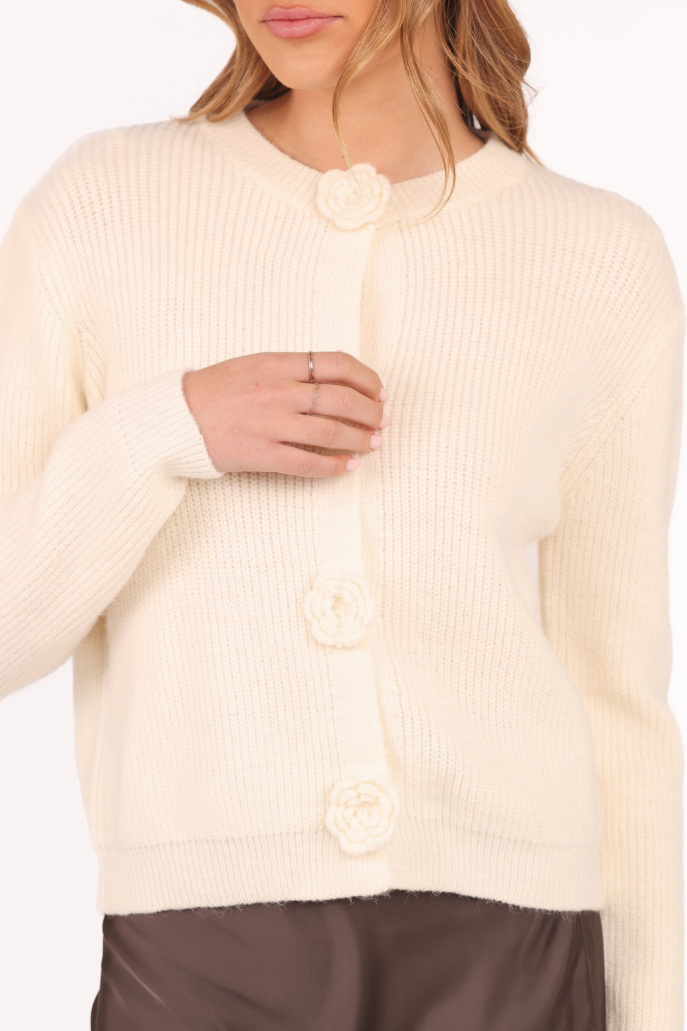 Jones Rosette Cardigan - Cream Cozy Interior Fleece Everyday Classic