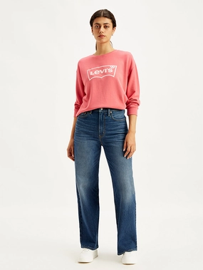 Women's Blue Ribcage Bell Bottom Wide Leg Fit High Rise Jeans Quick Match Raw Hem Design