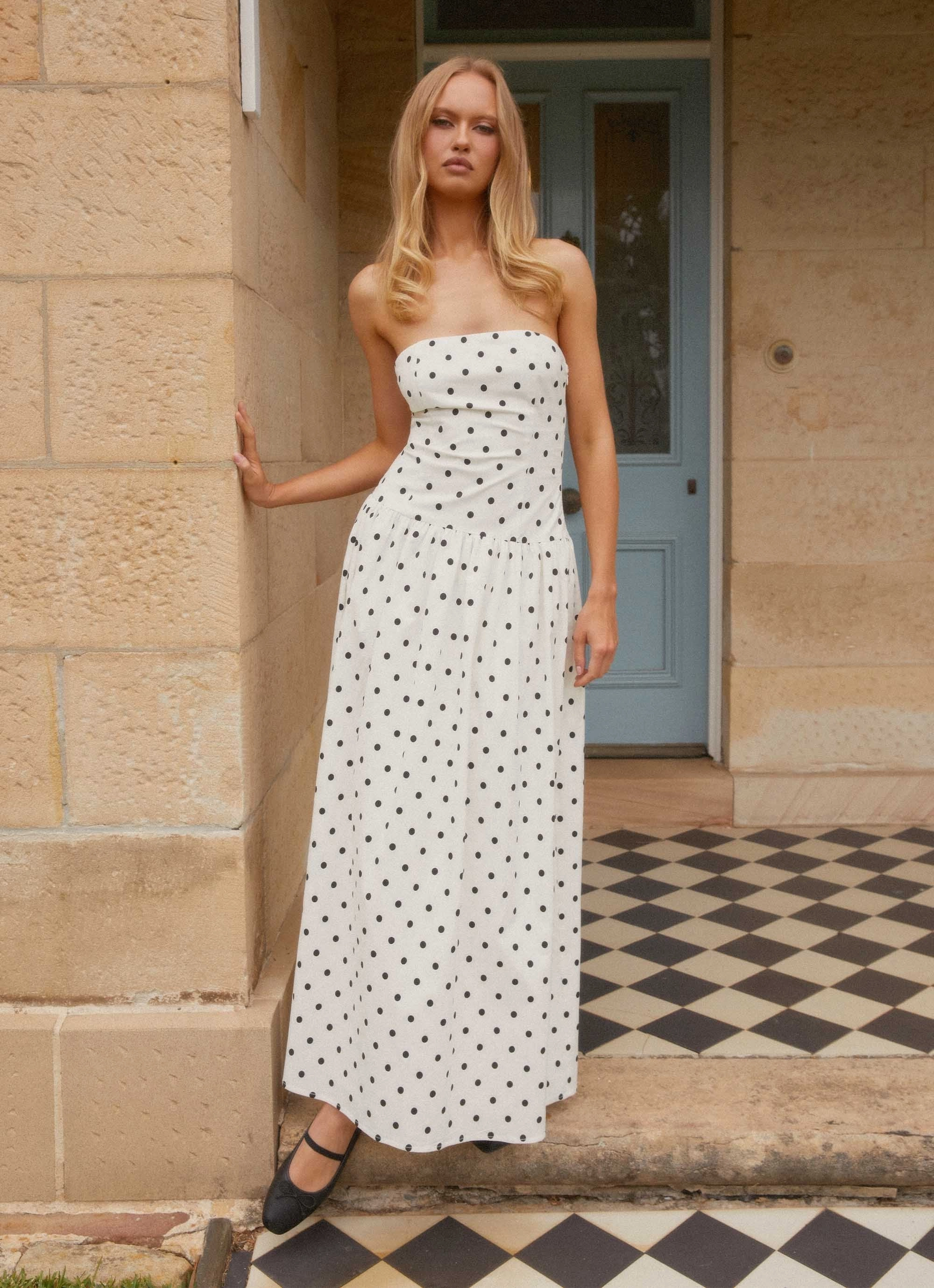 Andorra Maxi Dress - White Polkadot Grass Soft Sophisticated Comfort