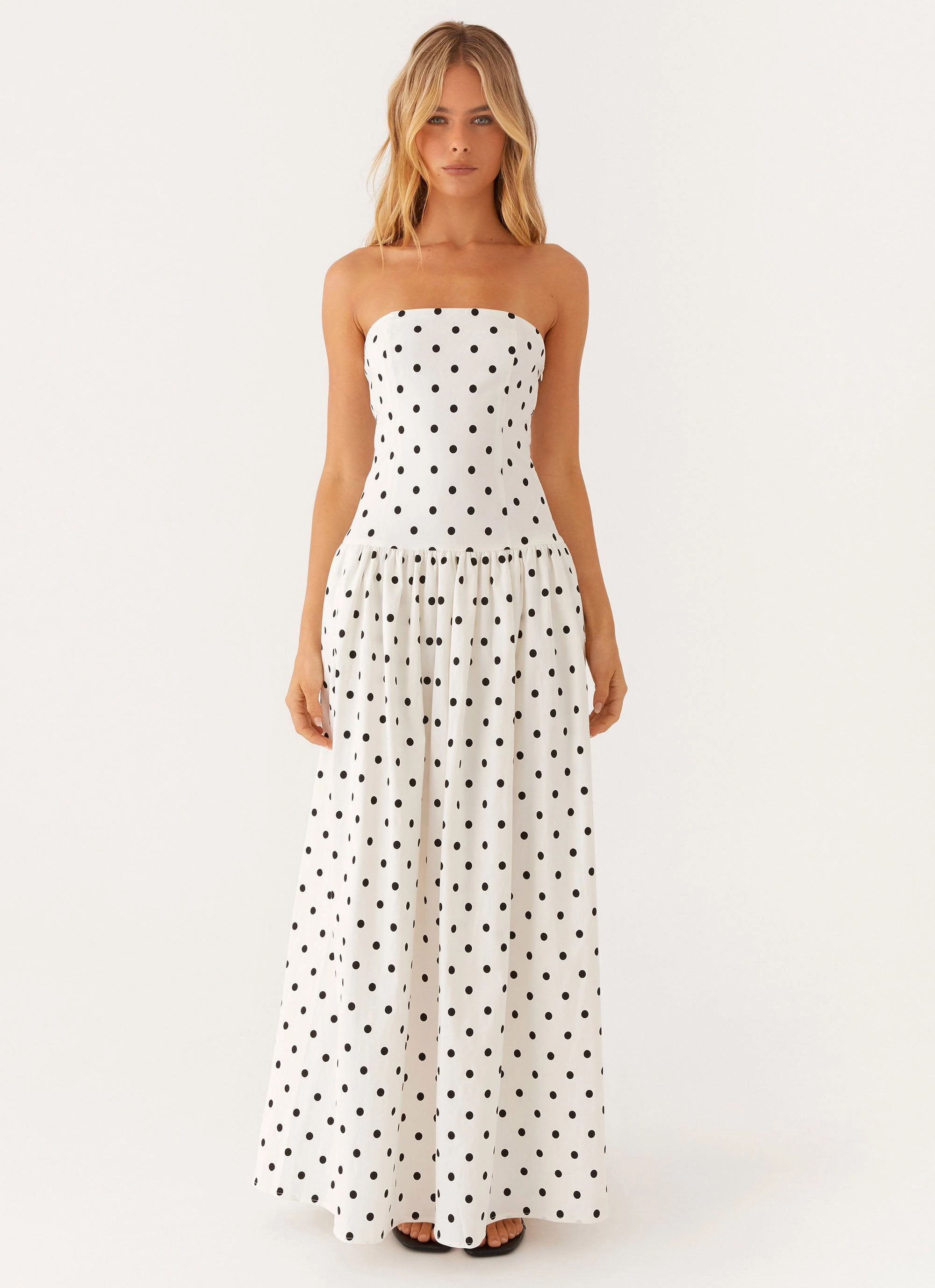 Soft-touch daywear Long Sleeve Andorra Maxi Dress - White Polkadot