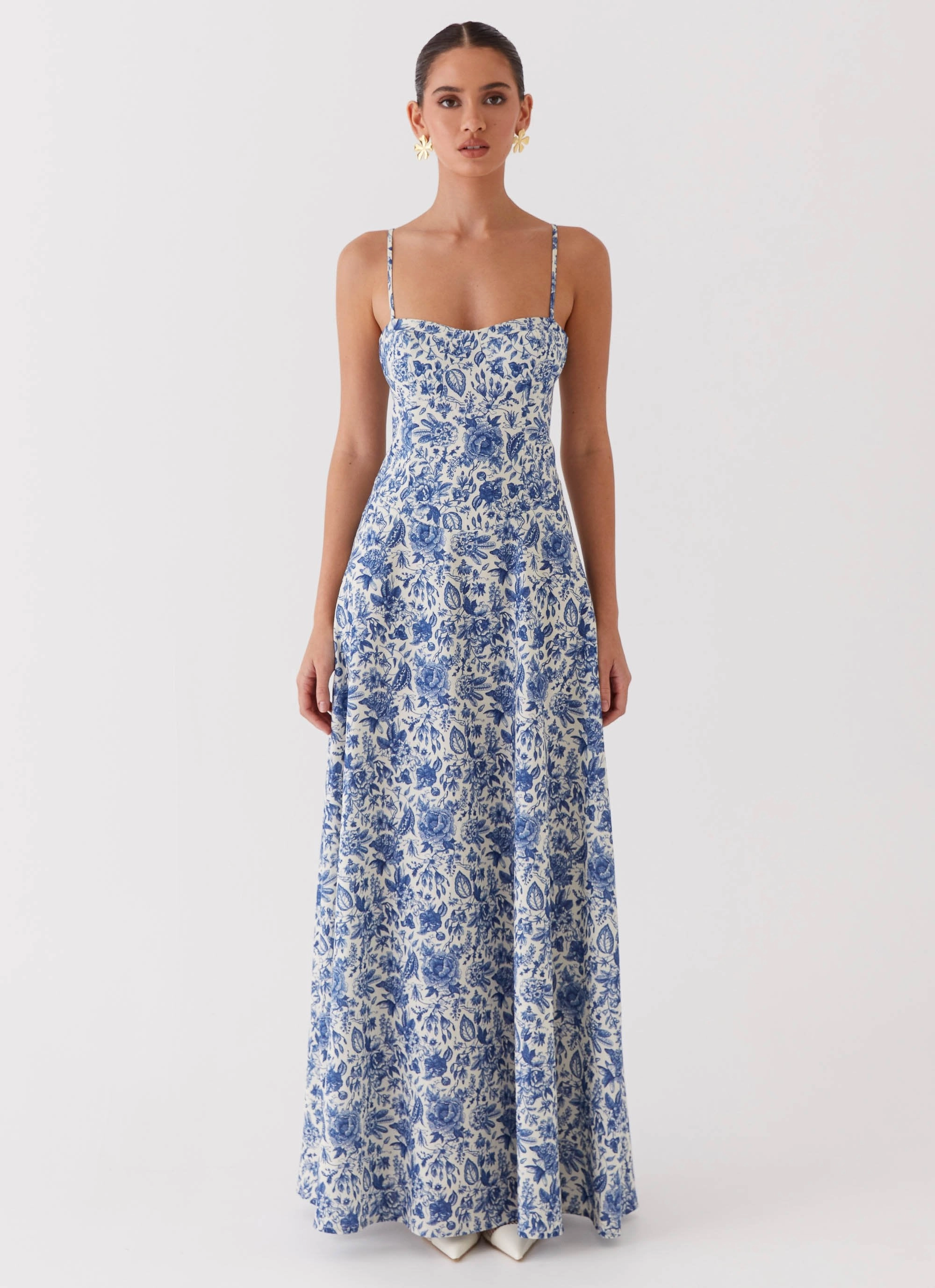 Breezy Comfort Glossy Detail Angelina Linen Maxi Dress - Blue Paisley