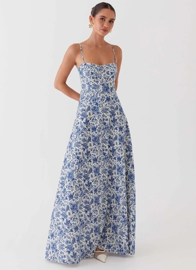 Angelina Linen Maxi Dress - Blue Paisley Bold colors