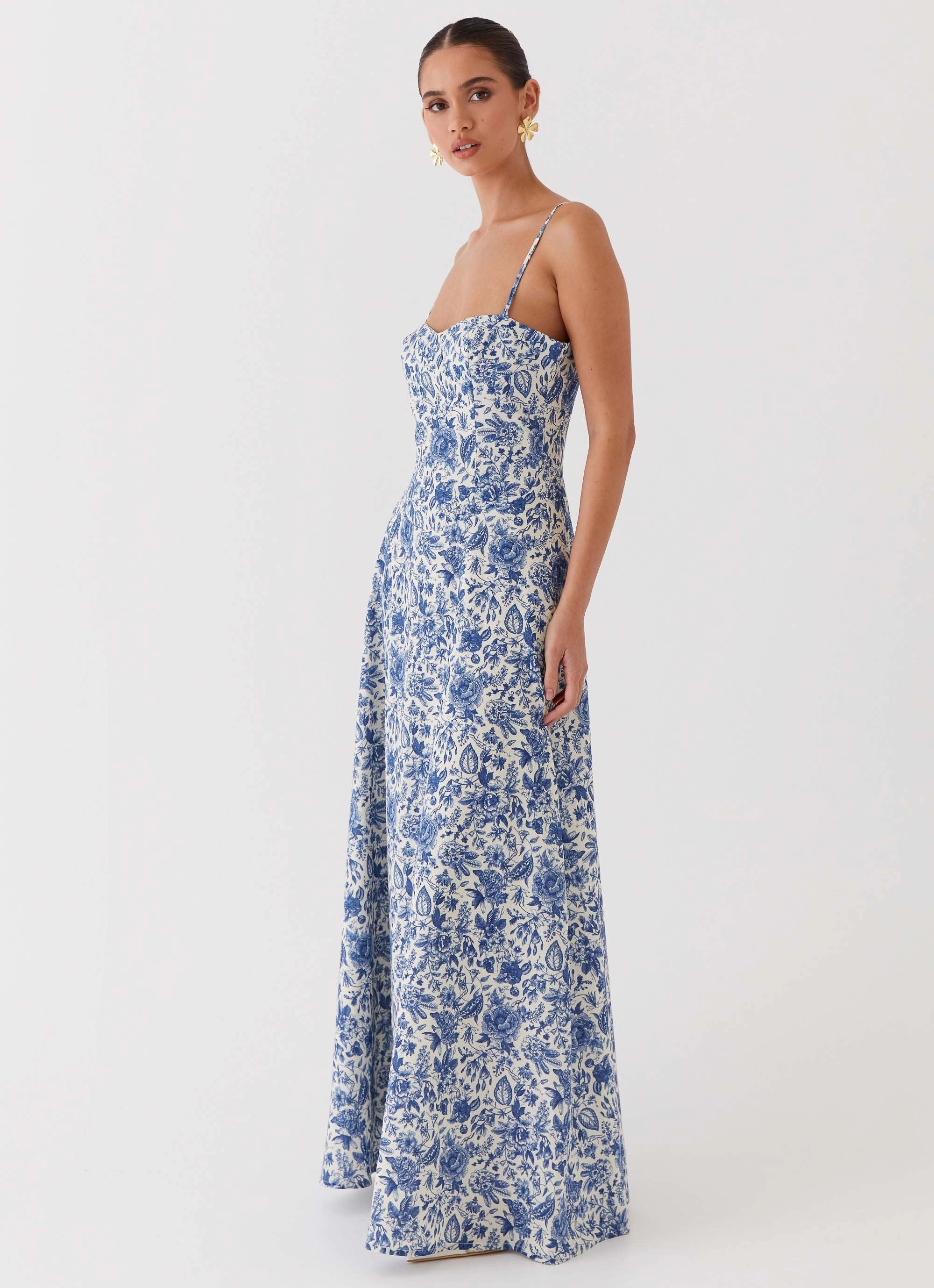 Angelina Linen Maxi Dress - Blue Paisley Chilly Weather Layer Romantic Hour
