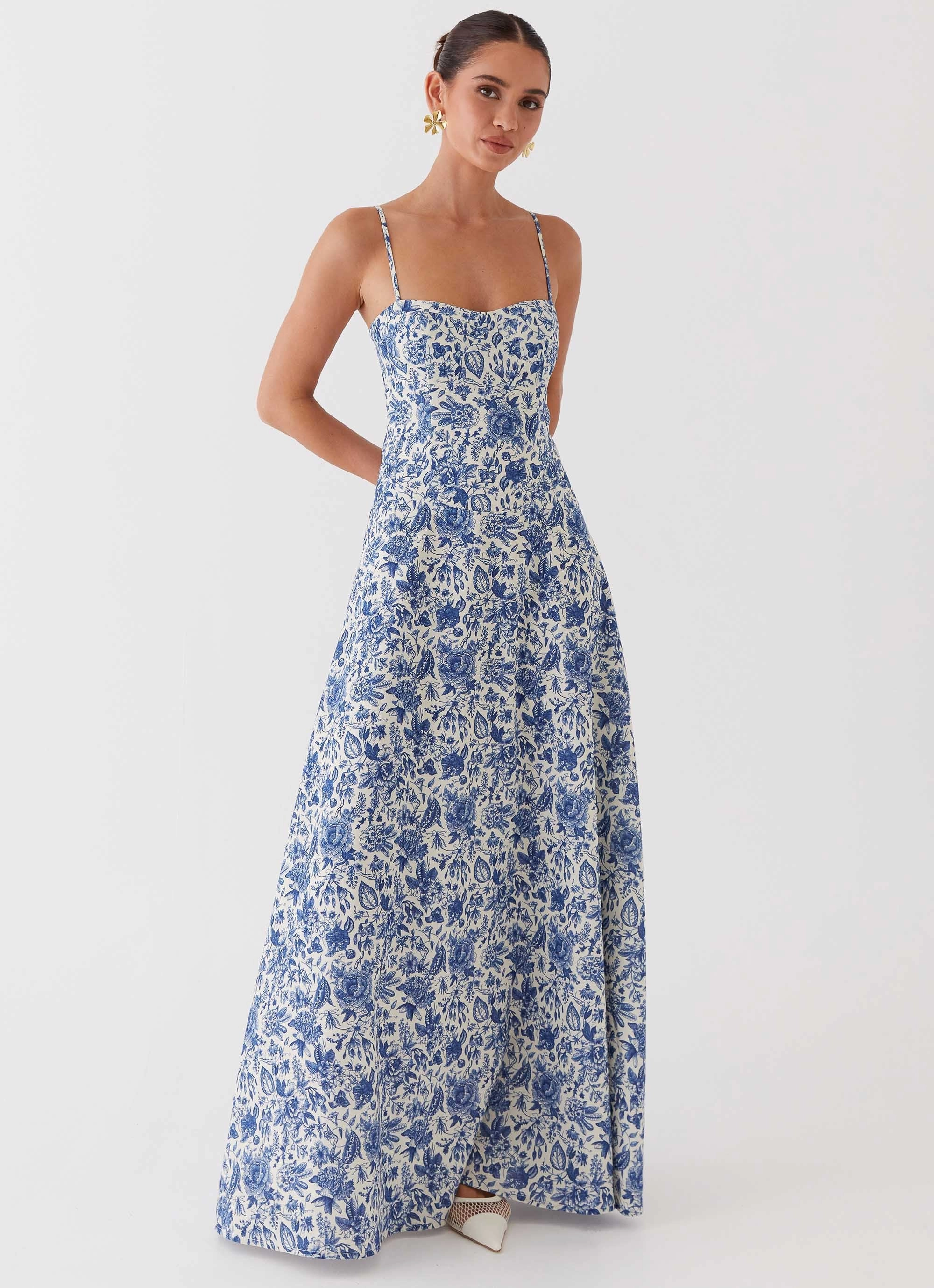 Angelina Linen Maxi Dress - Blue Paisley Bold colors