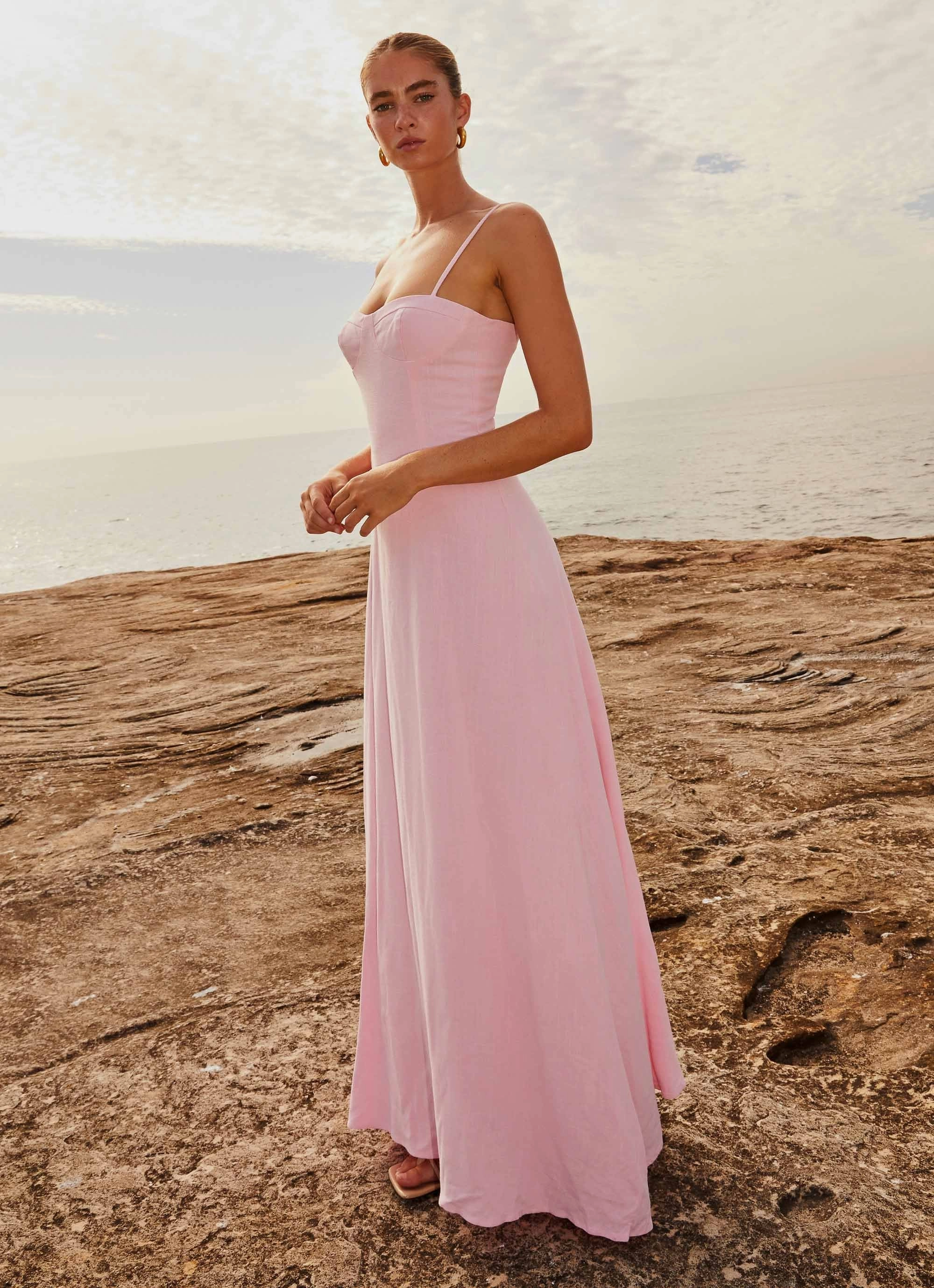 Angelina Linen Maxi Dress - Pink Petal Shine Finish Smooth Wear