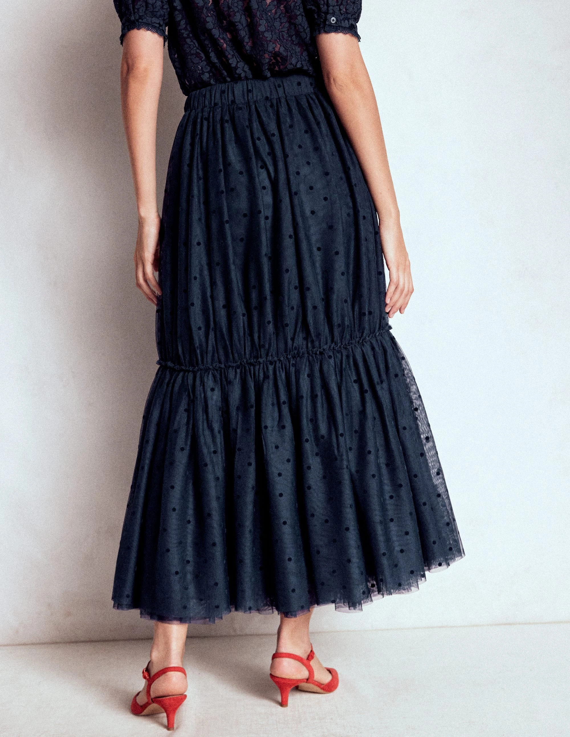 Simple Look Flat Lay Collar Anna Tulle Midi Skirt-Navy Flocked Spot