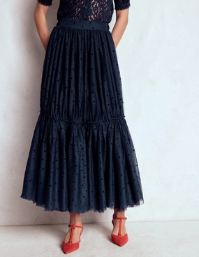 Anna Tulle Midi Skirt-Navy Flocked Spot Neat Mood Low Maintenance Fabric