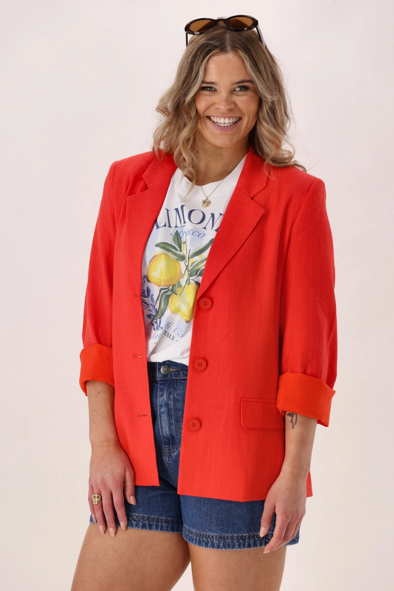 Shine On Label Avelina Linen Blend Blazer Coral Foldable Shoulder Straps