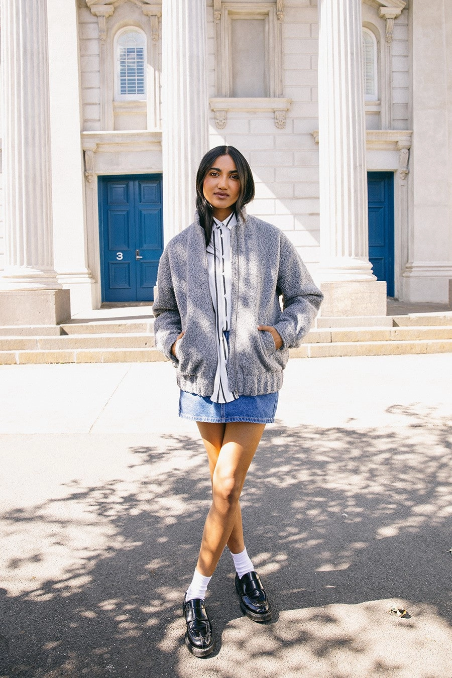 Reflective Detailing Convertible Silhouette All About Eve Tahlea Bomber Jacket Grey Marle