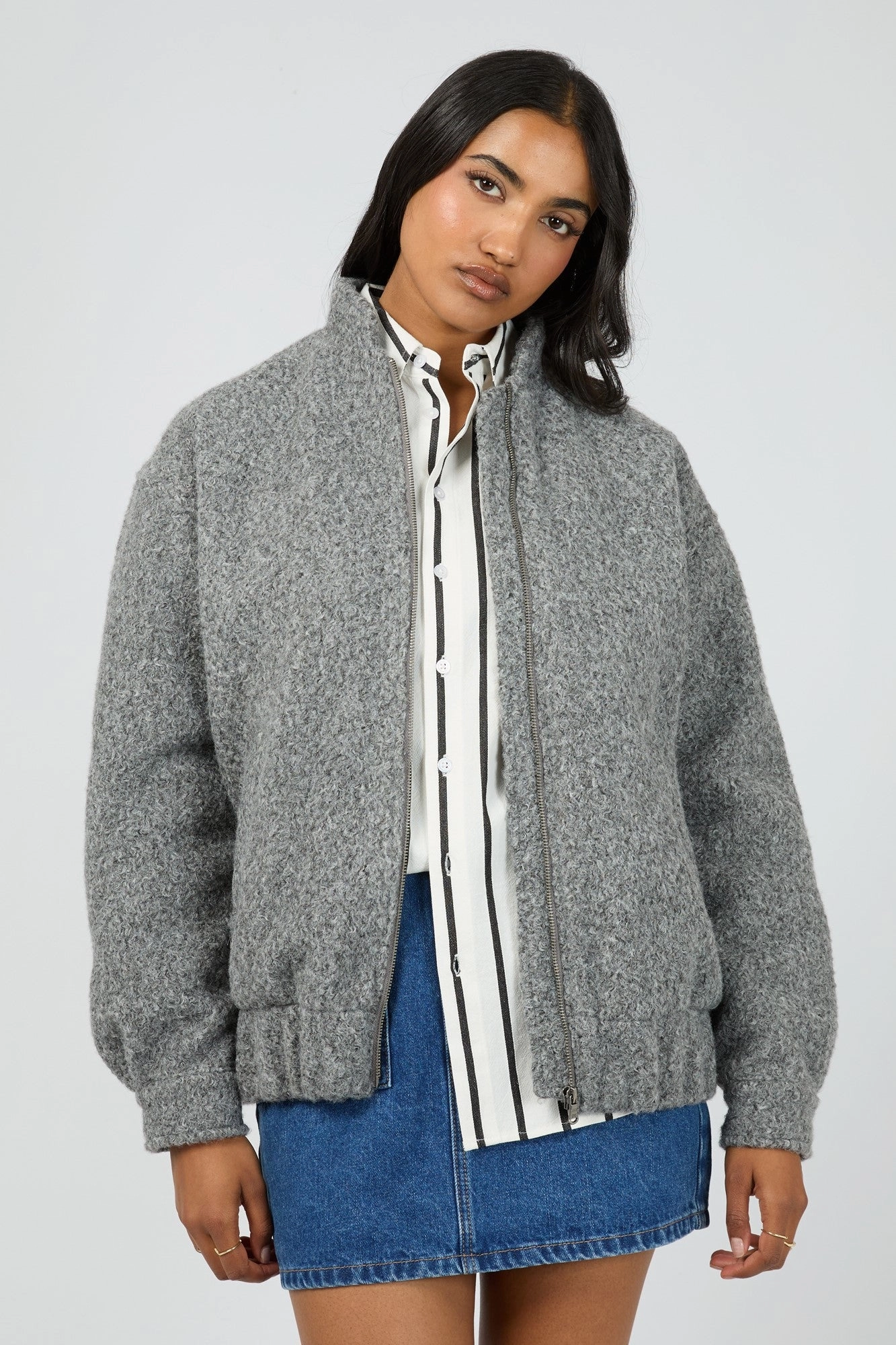 All About Eve Tahlea Bomber Jacket Grey Marle Non Restrictive Movement Light Pack Option
