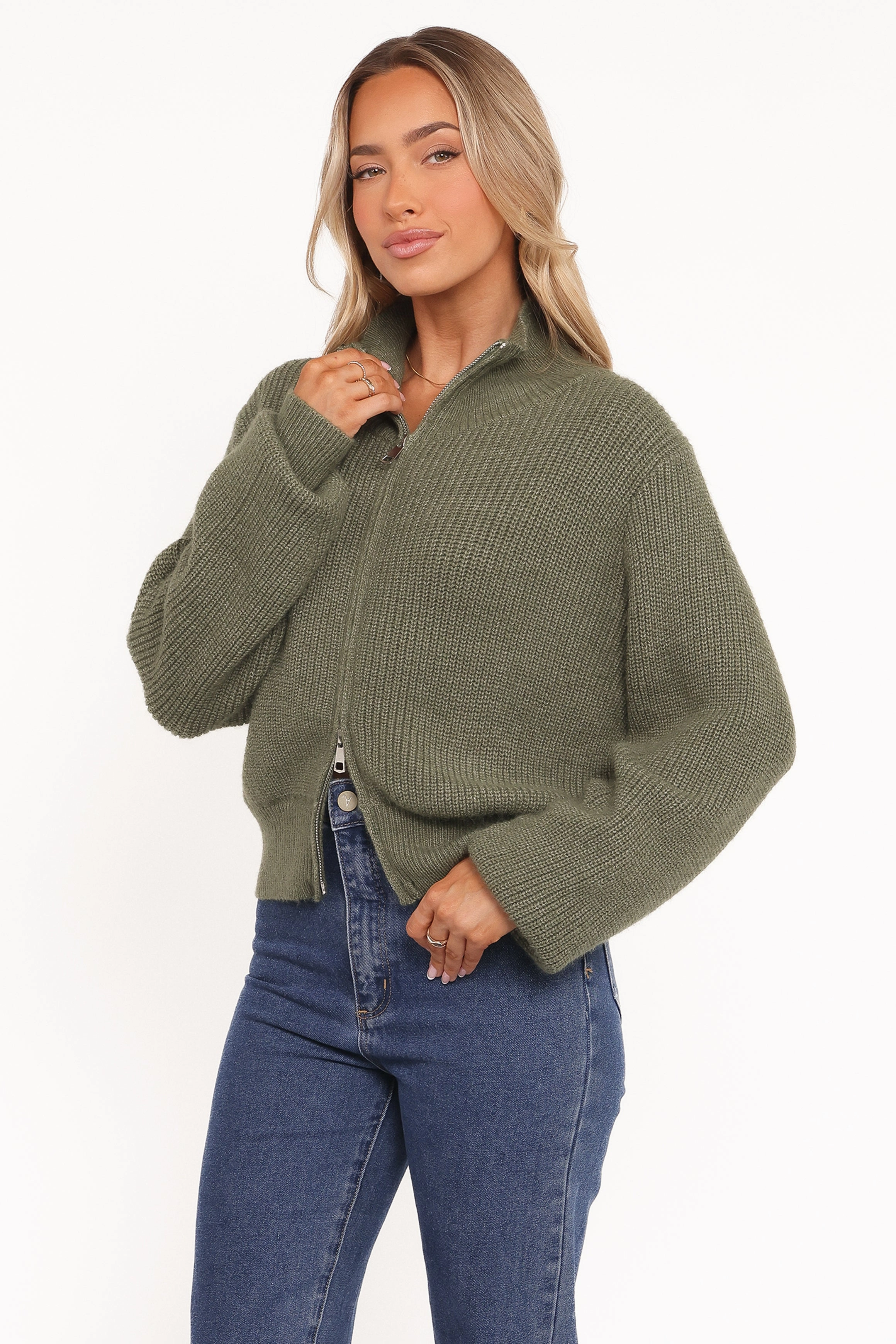 Kourtney Zip Cardigan - Olive Soft Material