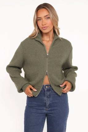 Subtle Detail Simple Look Kourtney Zip Cardigan - Olive