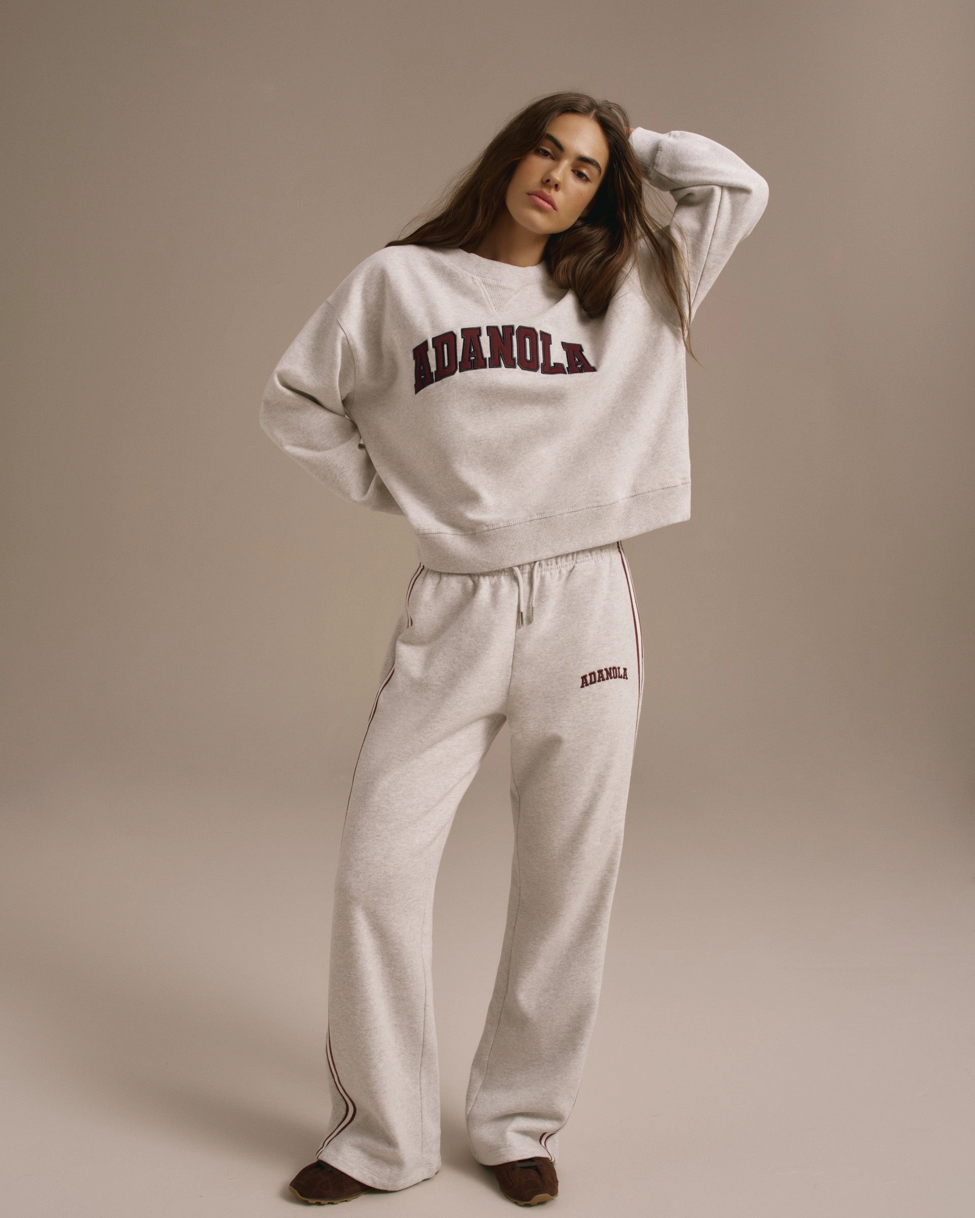 Active Performance Varsity Loose Fit Straight Leg Sweatpants - Light Grey Melange/Dark Cherry