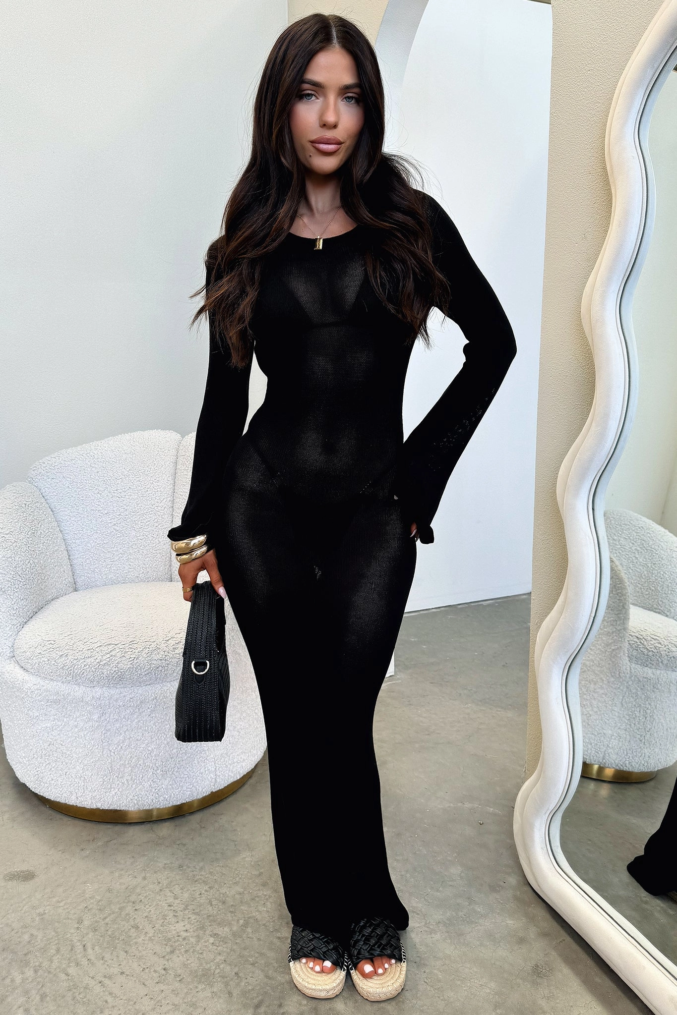 mesh ventilation Annem Long Sleeve Maxi Dress - Black