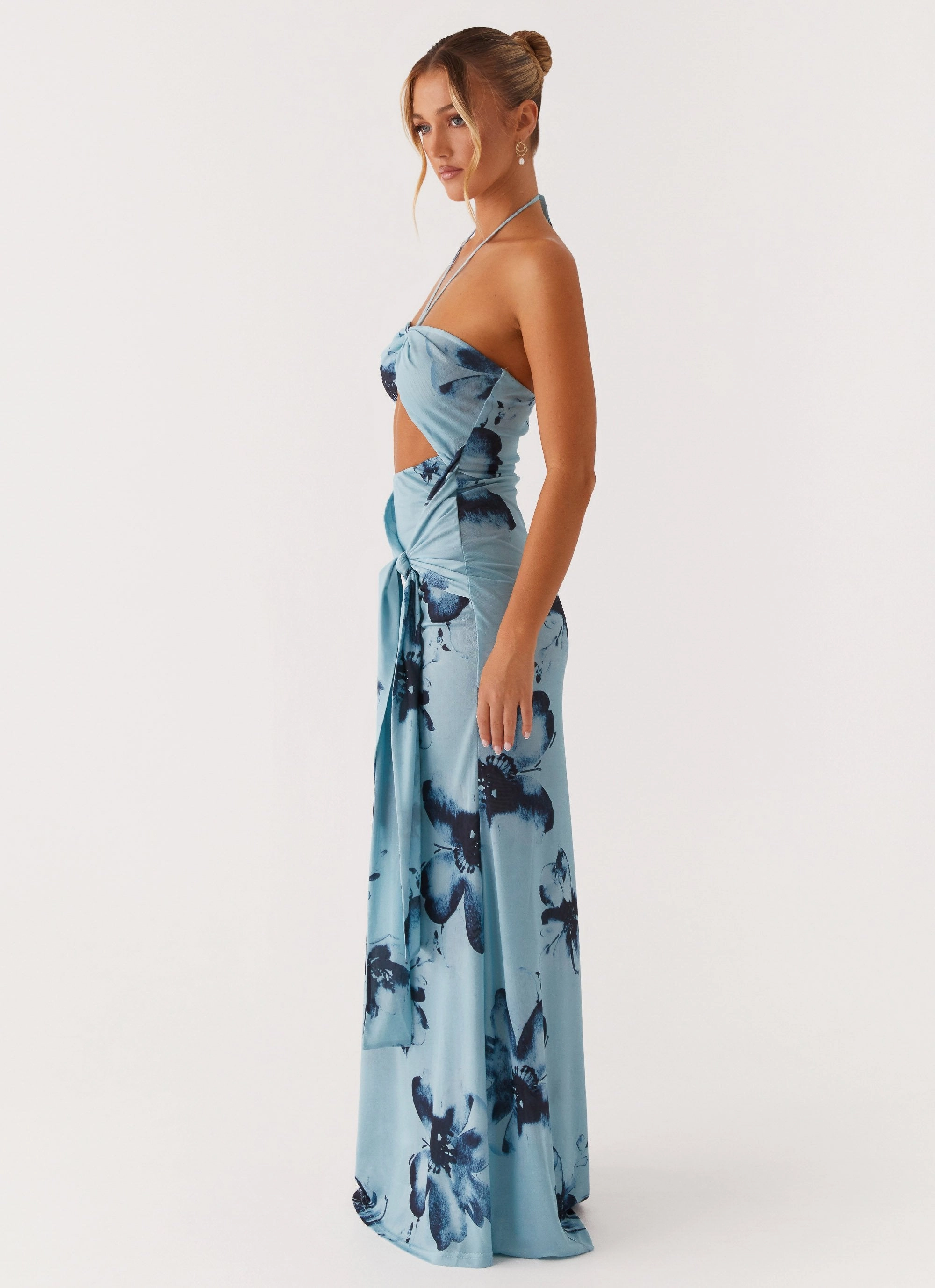 Antonia Maxi Dress - Black Blue Floral Open Design Flattering Waistband