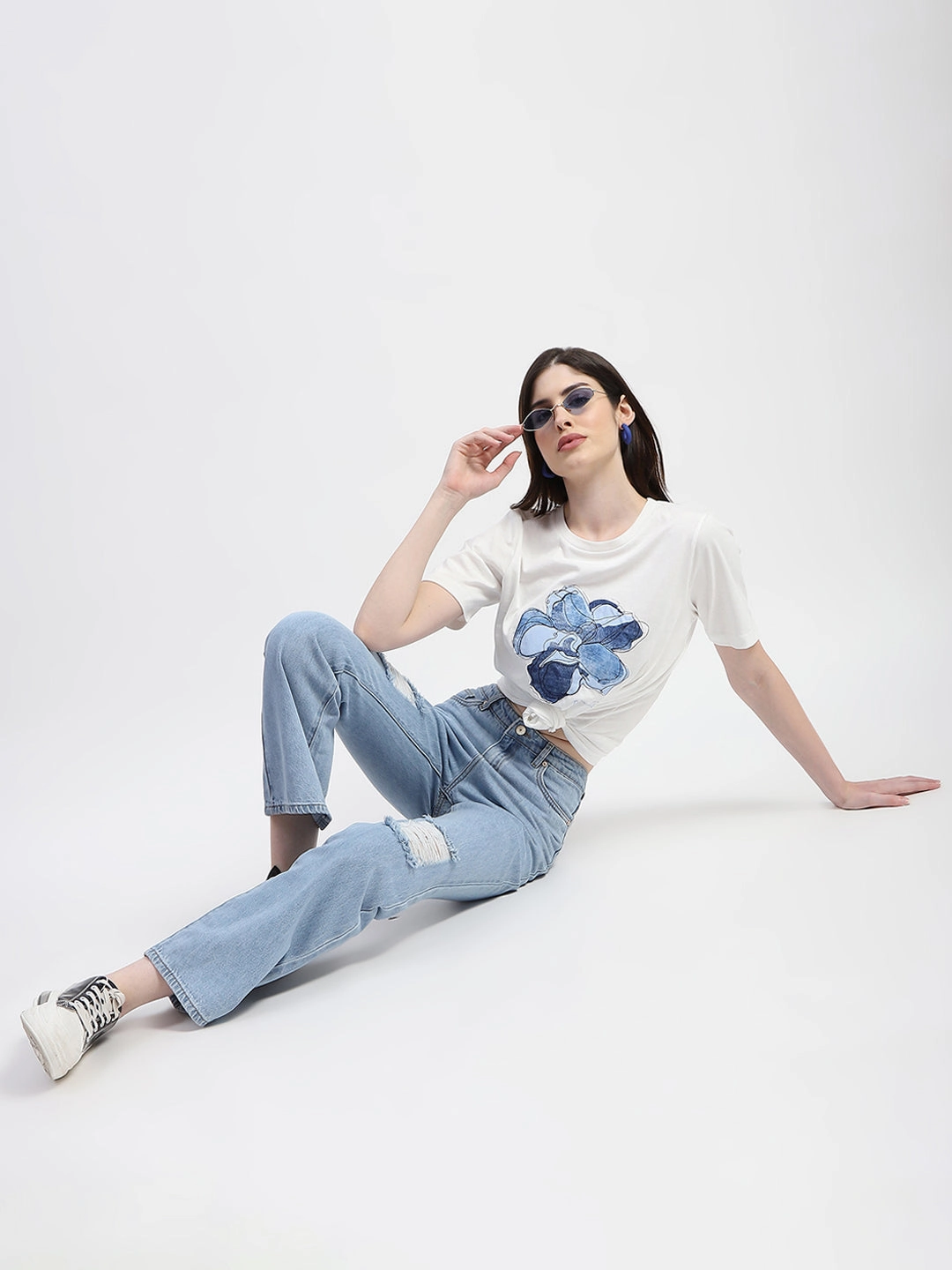 Madame Ice Blue Ripped Flared Denim Style Daily Soft Stretch