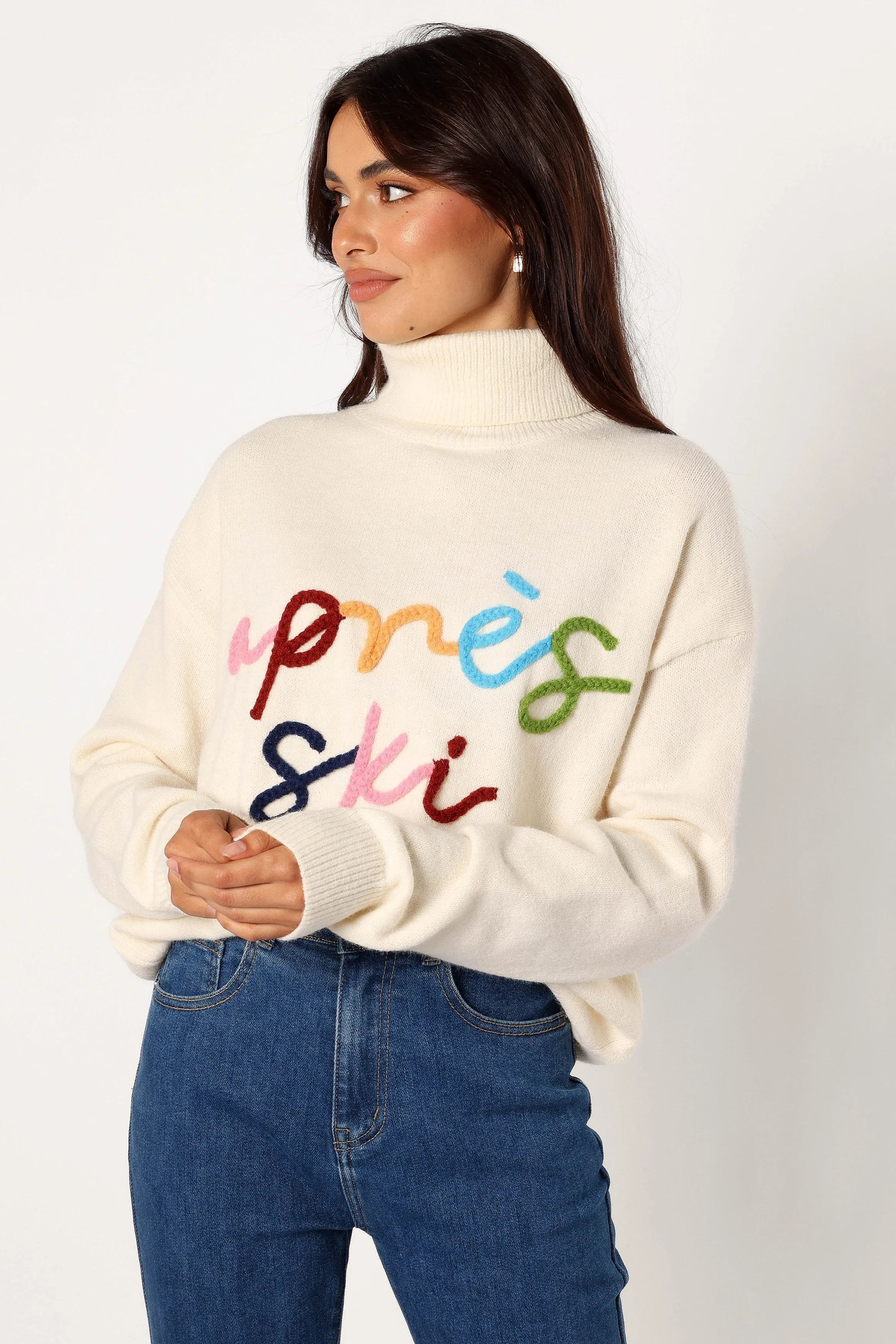 Cozy Interior Fleece Compact Weave Apres Ski Turtleneck Knit Sweater - Off White
