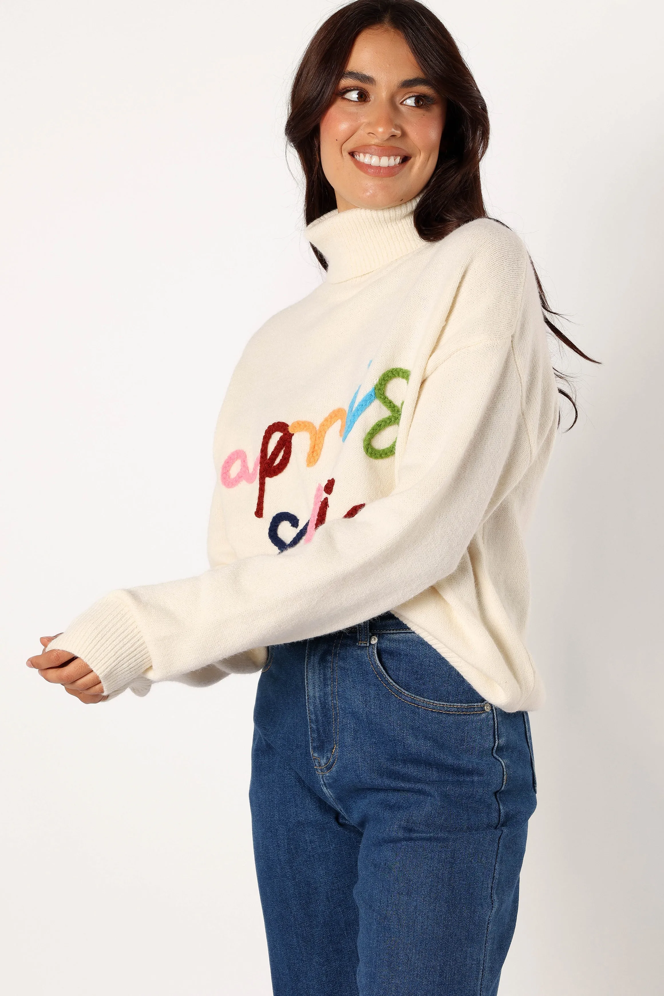 Apres Ski Turtleneck Knit Sweater - Off White Stretch Recovery Fabric Casual Draping