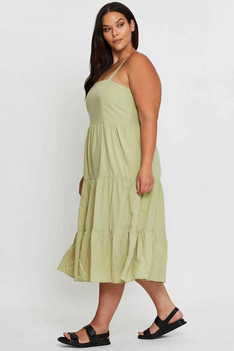 Green Midi Dress Square Neck Sleeveless Flattering Fit Wear